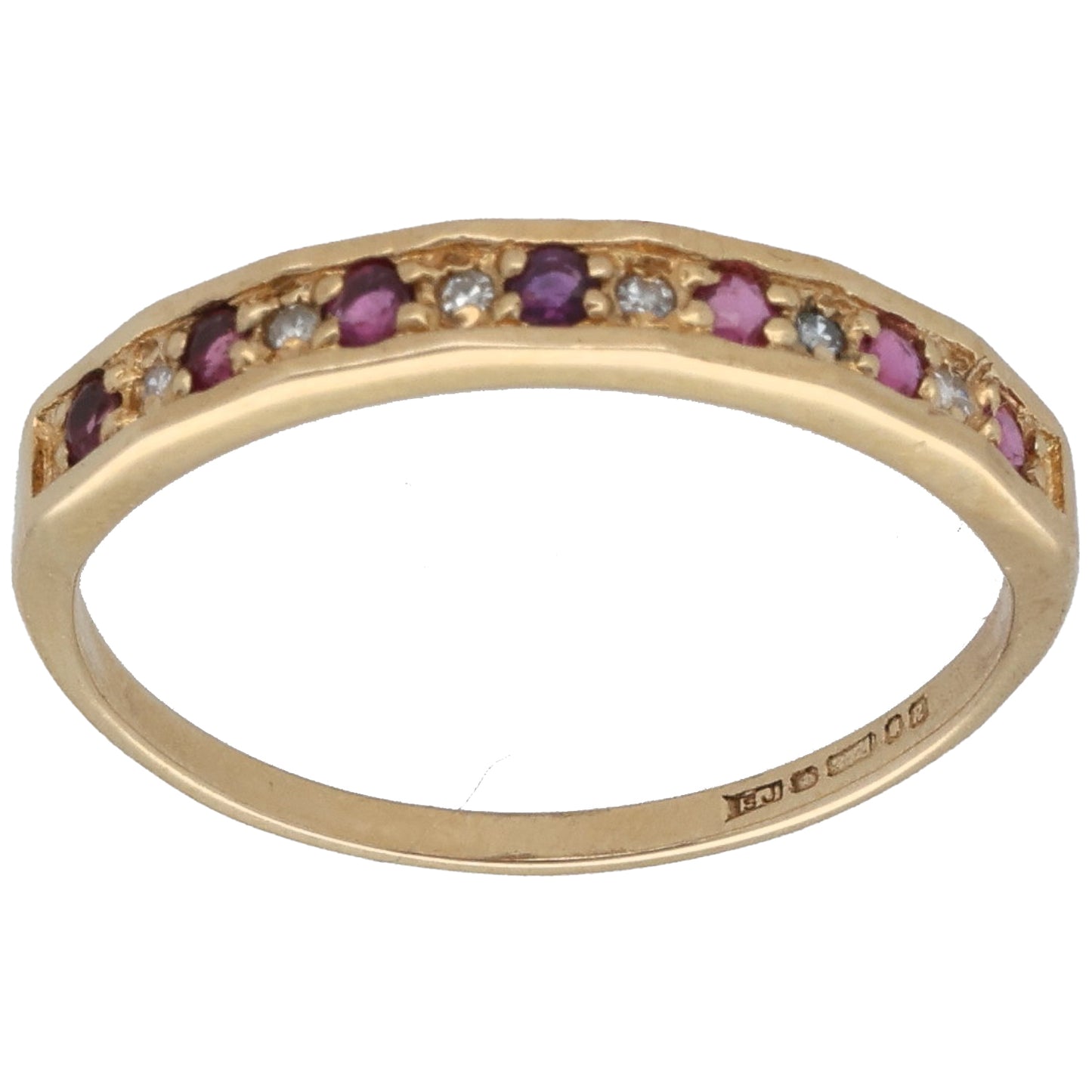9ct Gold Ruby & 0.03ct Diamond Half Eternity Ring Size Q