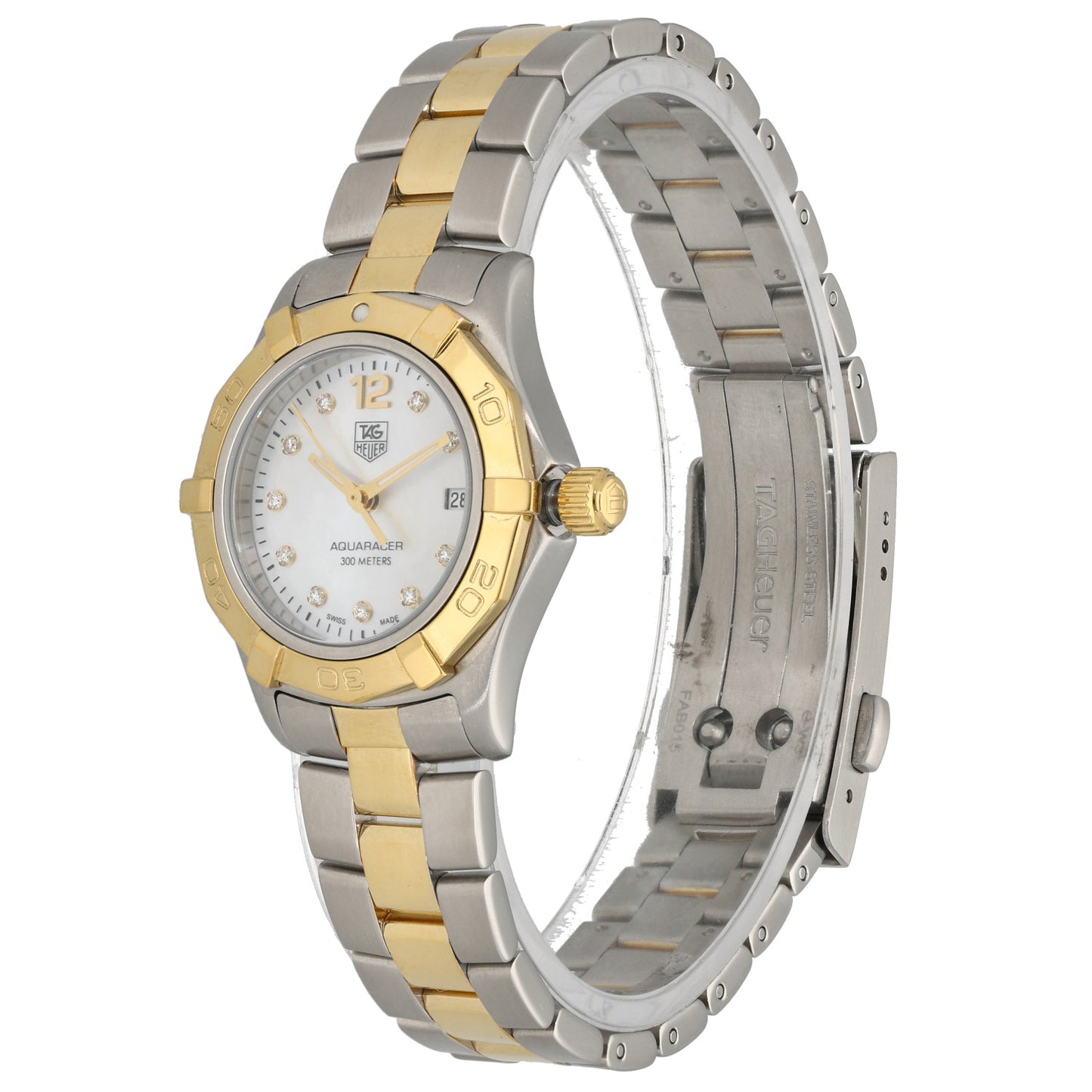 Tag Heuer Aquaracer WAF1425 , white mother of pearl dial, stainless steel and gold, front angle image