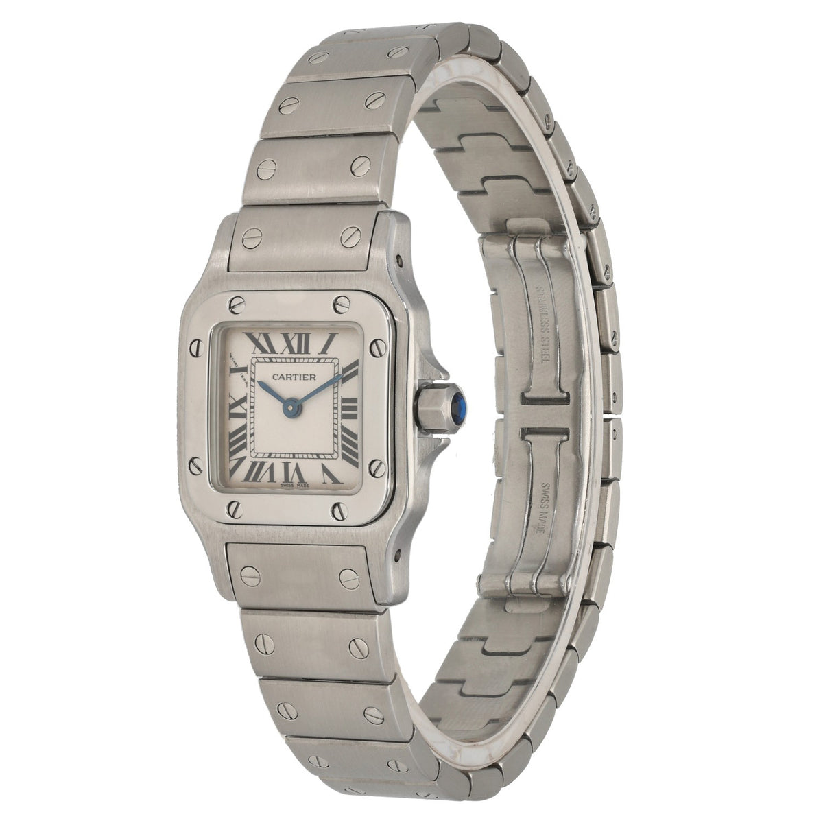 Cartier Santos W20056D6 in 24mm stainless steel casem with link bracelet and crown also in stainless steel, front angle image