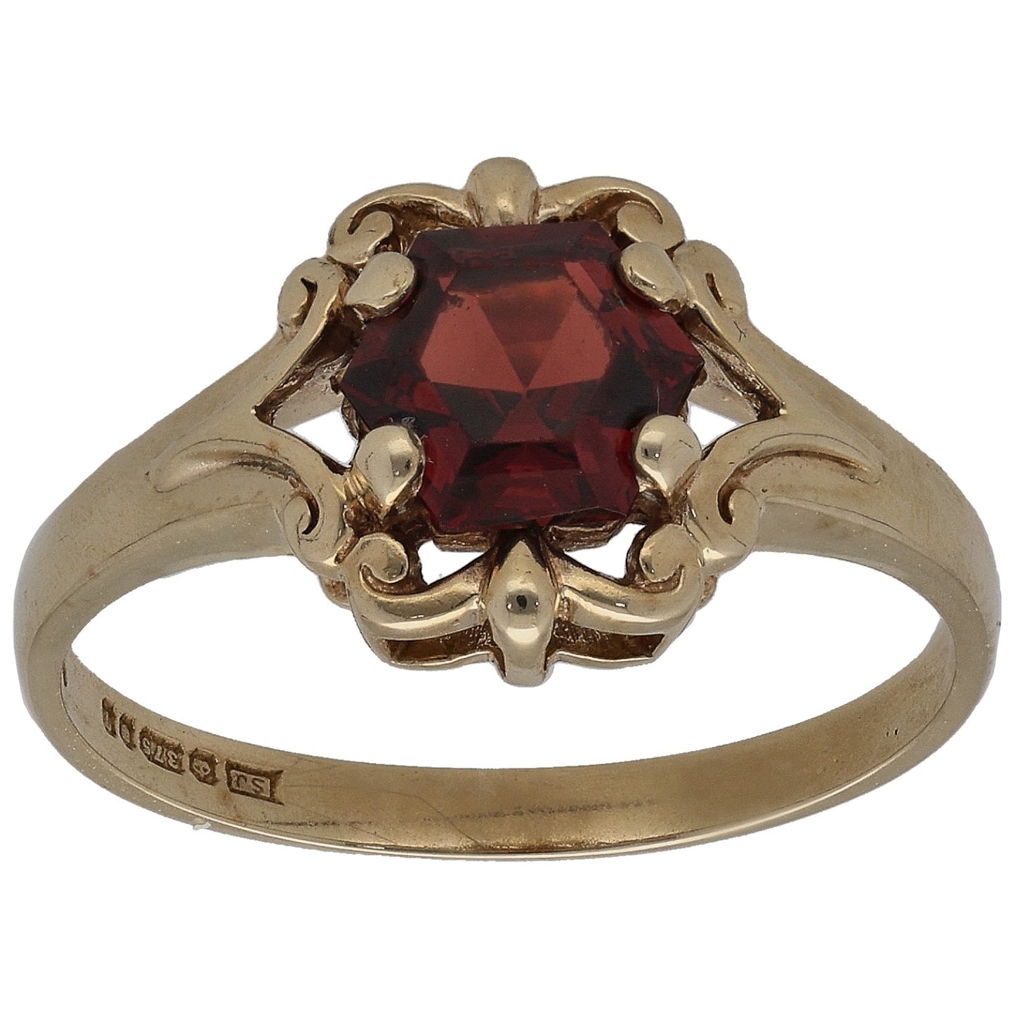 Gold ring with square dark red garnet center stone and ornate raised setting