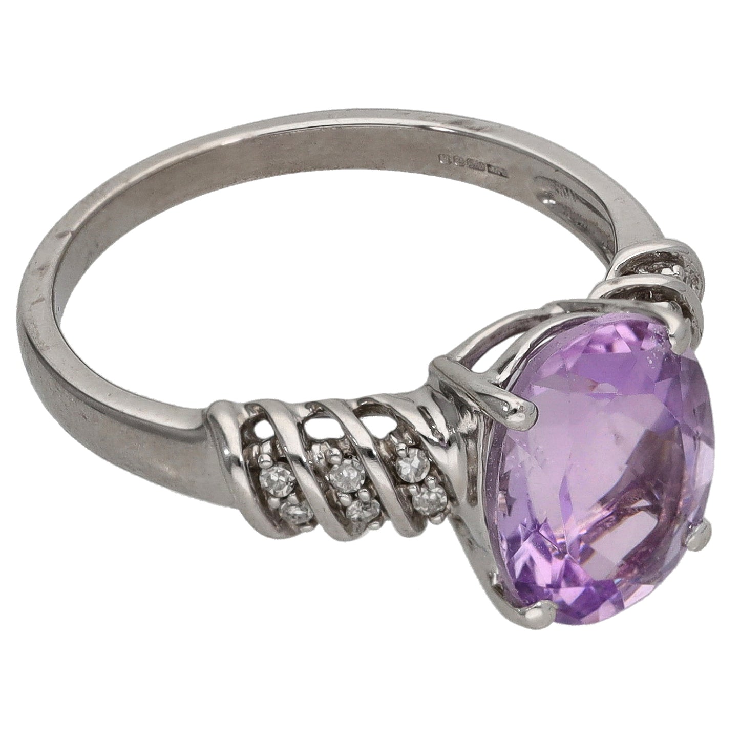 9ct White Gold Amethyst & 0.12ct Diamond Single Stone Ring With Accents Size M