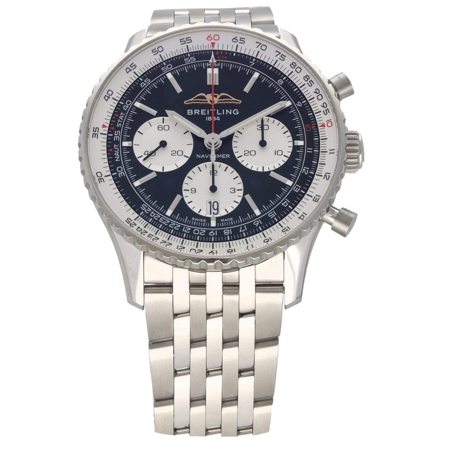 Breitling Navitimer B01 AB0138 Stainless steel chronograph wristwatch with dark blue dial, three subdials, red accents