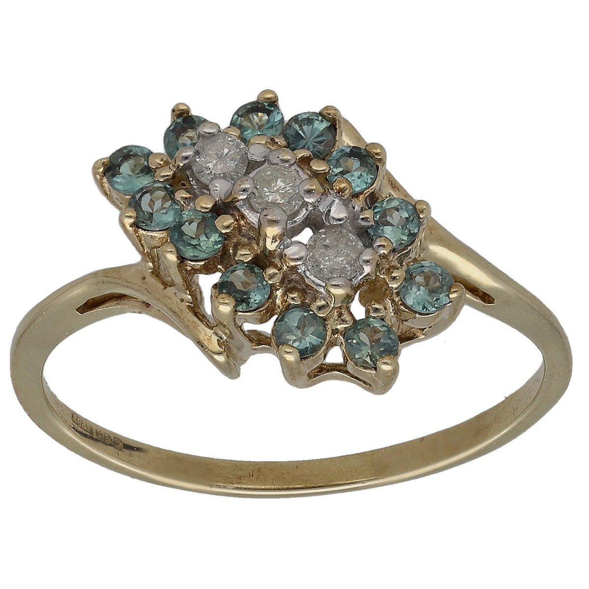 Gold cocktail ring with blue-green gemstones and round diamond clusters, openwork setting