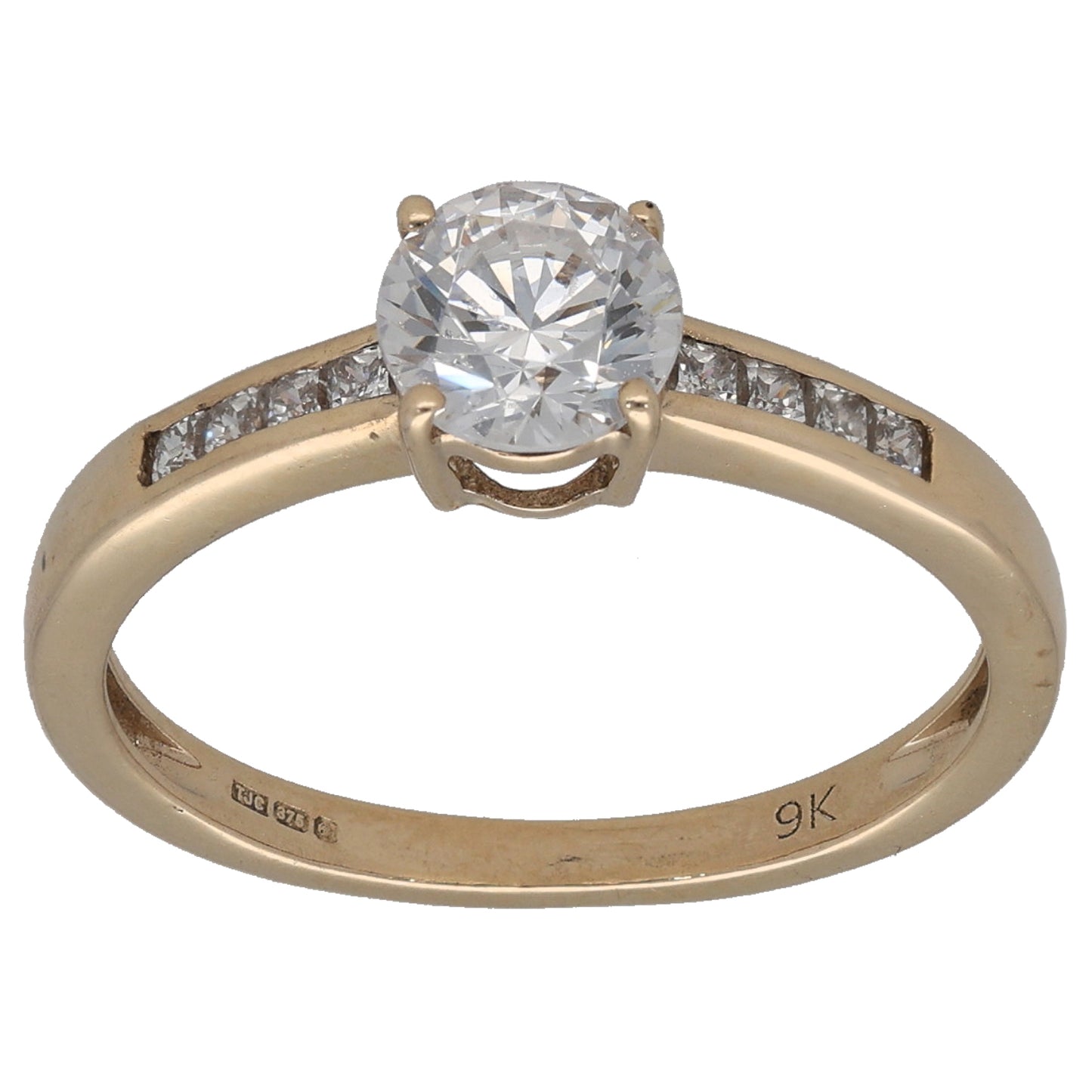 9ct Gold Cubic Zirconia Single Stone Ring with Accent Stones Size P