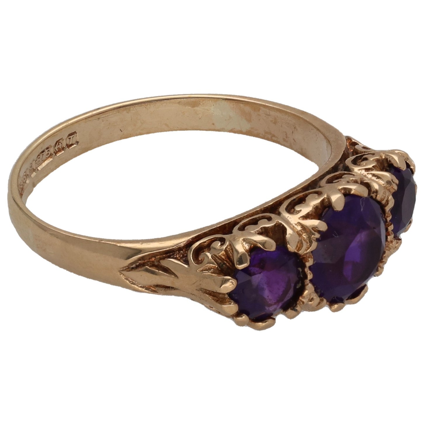 9ct Gold Amethyst Trilogy Ring Size P