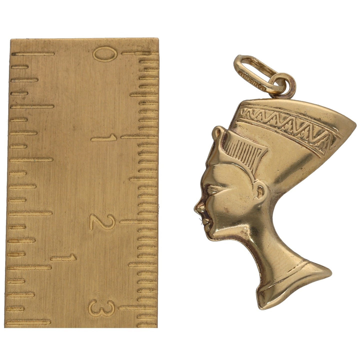 9ct gold clown/dolly face pendant, side view with textured headband and bail