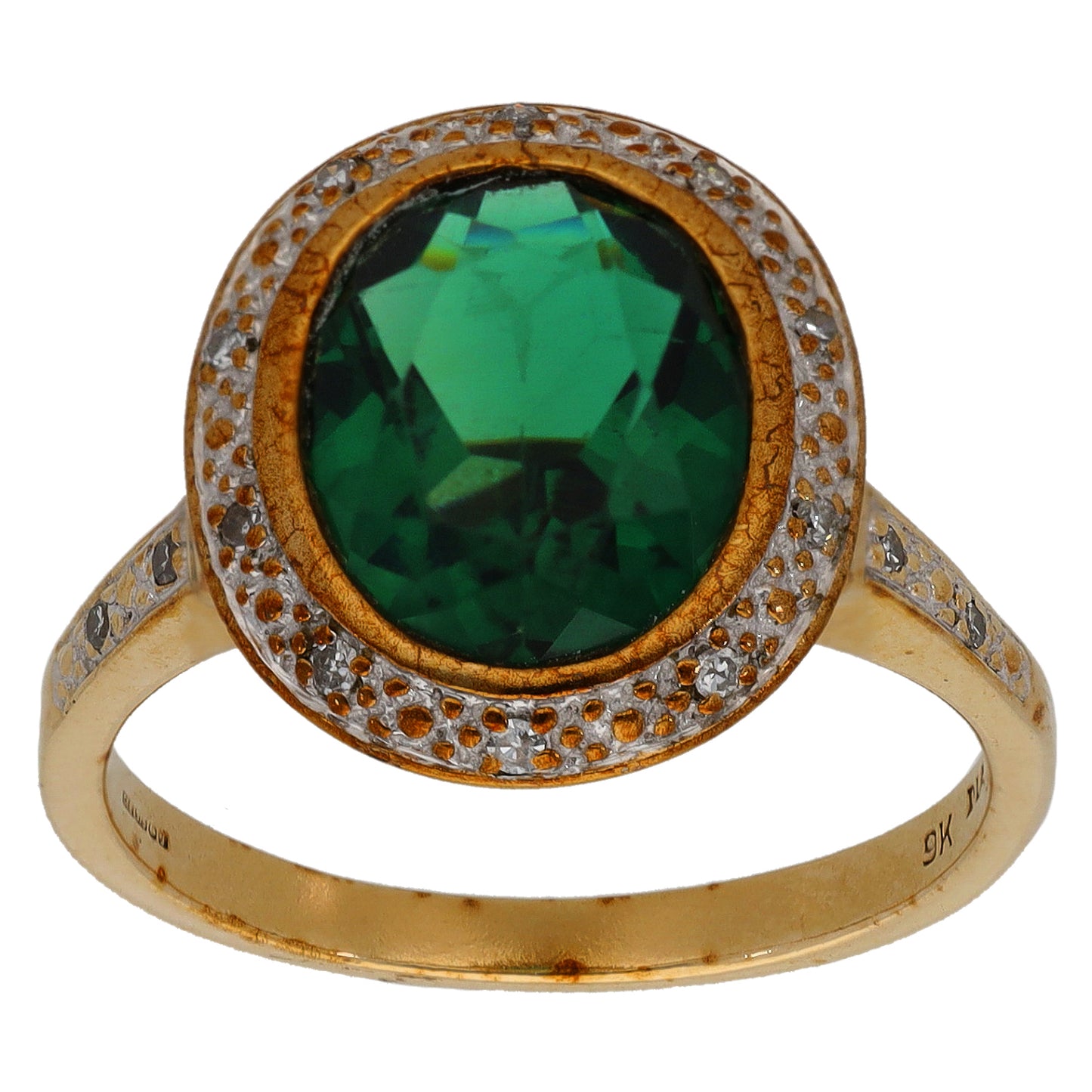 9ct Gold Green Quartz & 0.05ct Diamond Dress/Cocktail Ring Size N