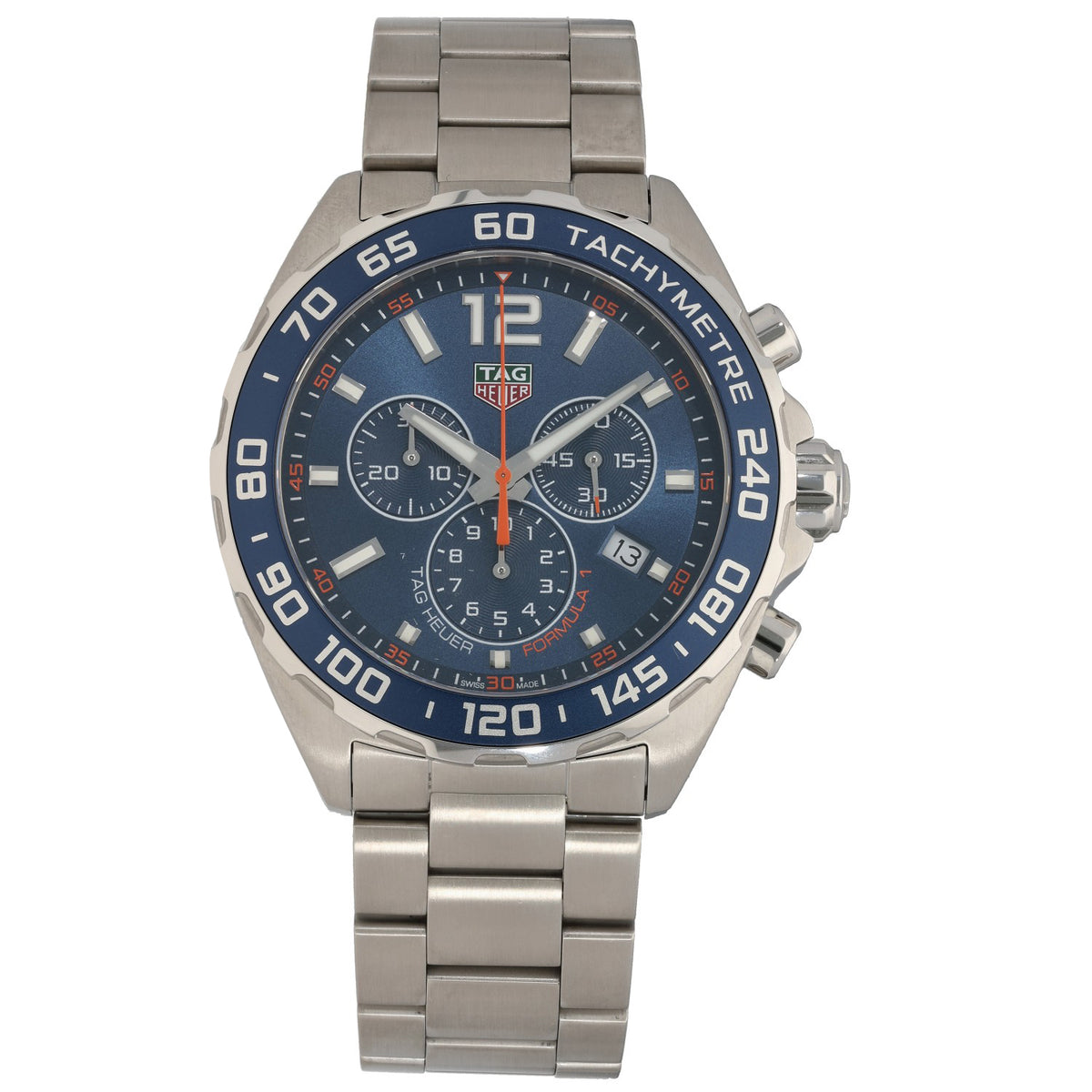 Tag Heuer F1 CAZ1014 stainless steel chronograph watch, blue dial, tachymeter bezel, subdials
