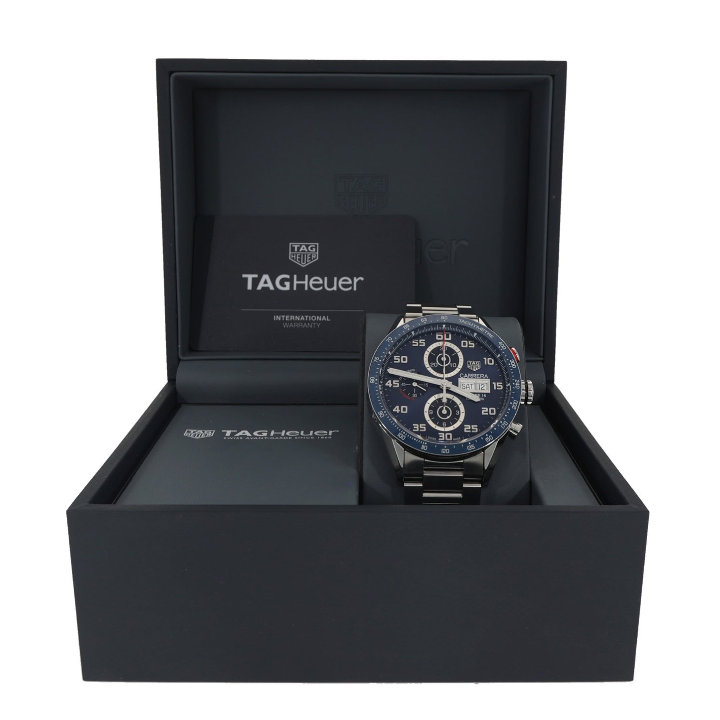Tag Heuer Carrera CV2A1V, with rich blue dial and bezel with a tachy meter and other sub dials inside Tag Heuer box.