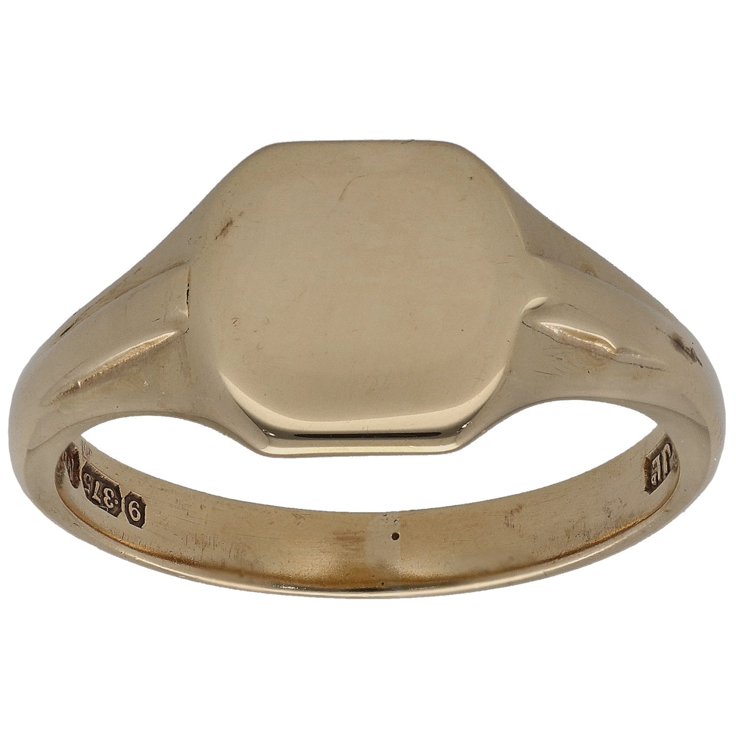 Plain 9ct gold signet ring with smooth oval face and curved shoulders