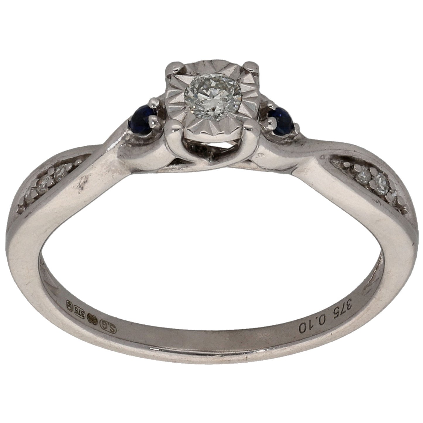 9ct White Gold 0.10ct Diamond & Sapphire Solitaire Ring With Accent Stones Size L