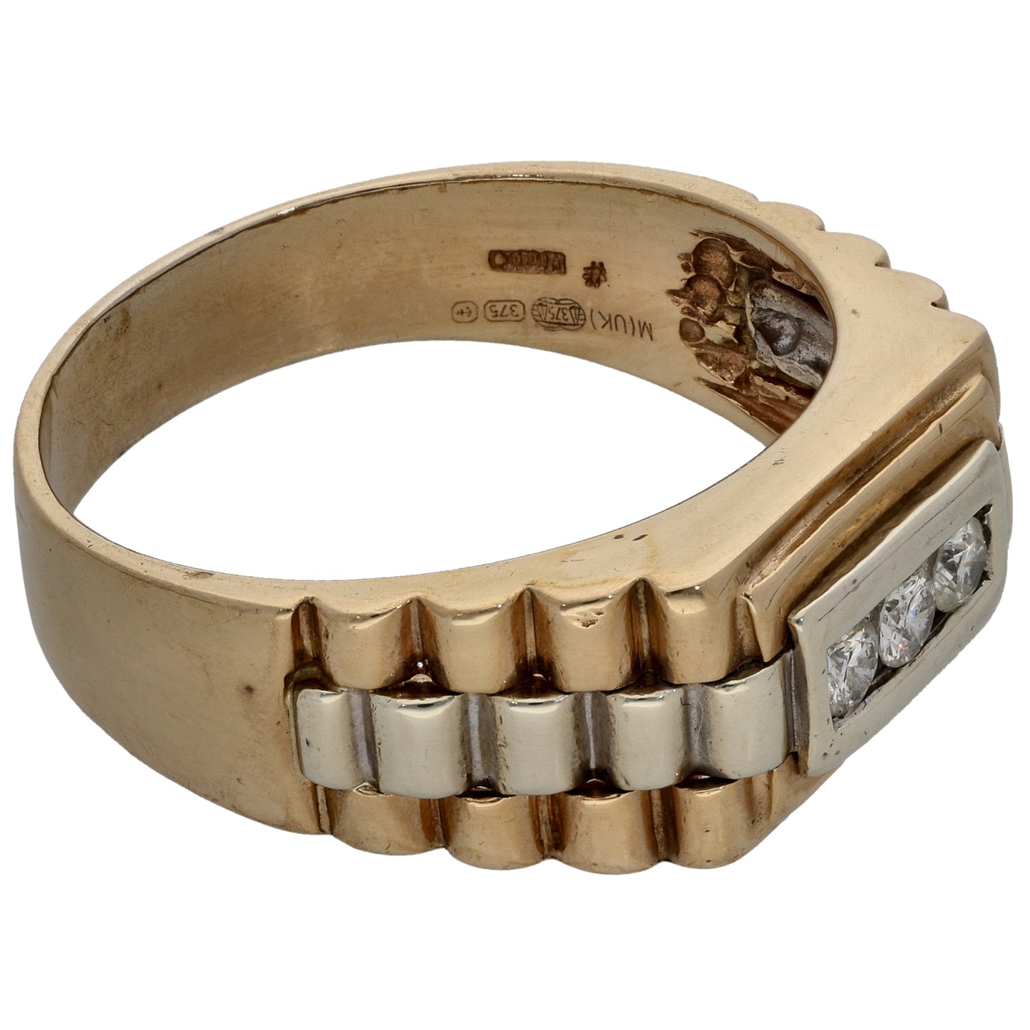 9ct Bicolour Gold 0.25ct Diamond Patterned Signet Ring Size Z