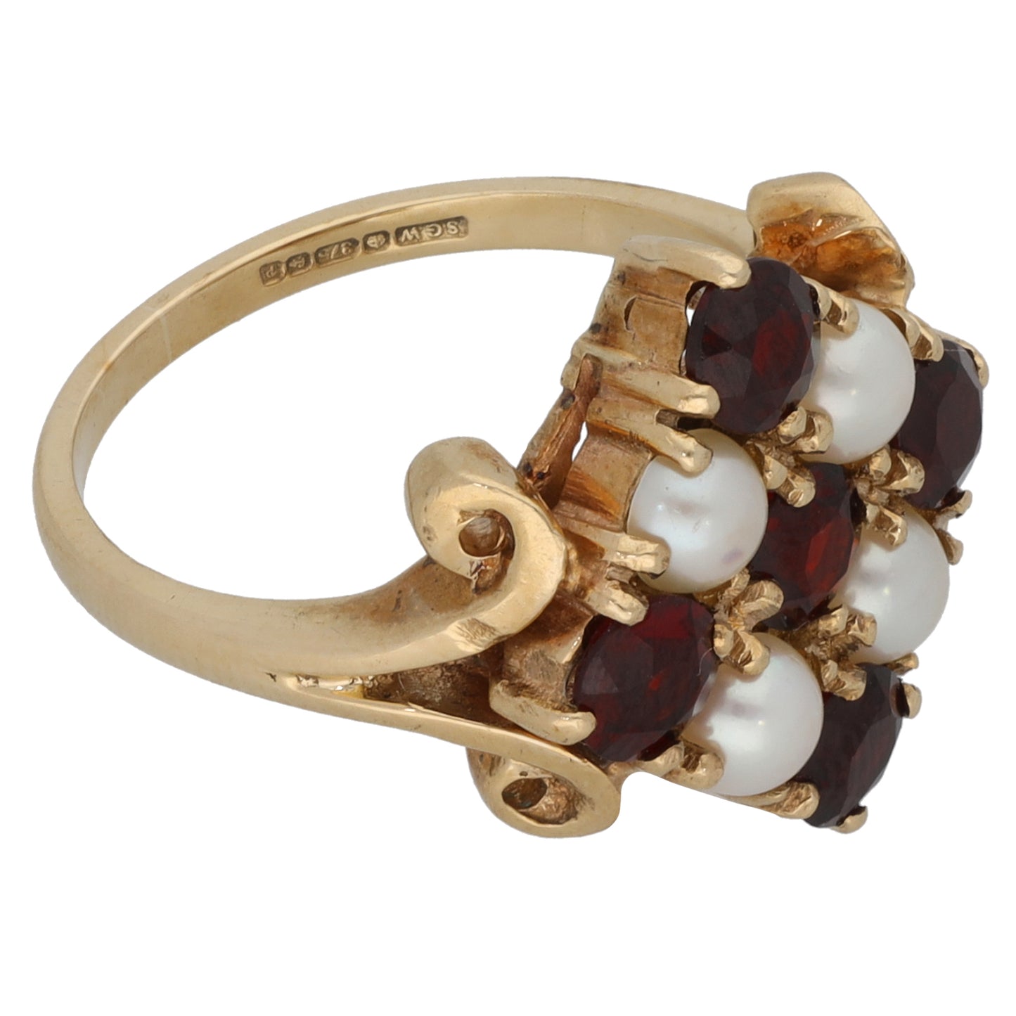 9ct Gold Garnet & Cultured Pearl Dress/Cocktail Ring Size L