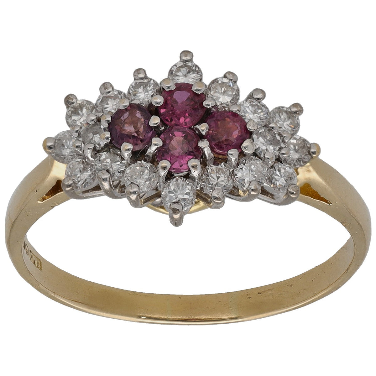 Yellow gold dress ring with oval ruby center, surrounded by round diamond clusters on band