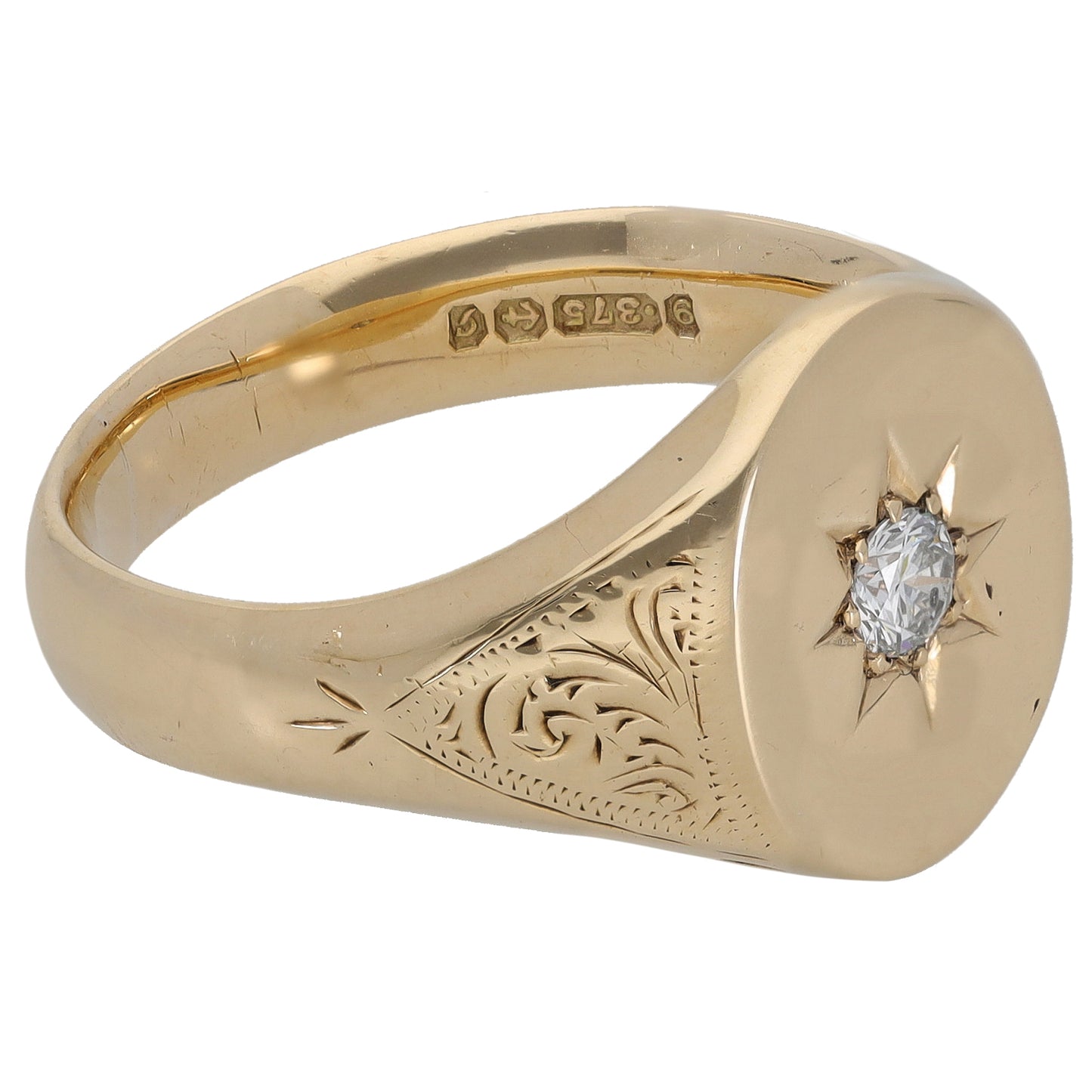 9ct Gold 0.20ct Diamond Patterned Signet Ring Size V