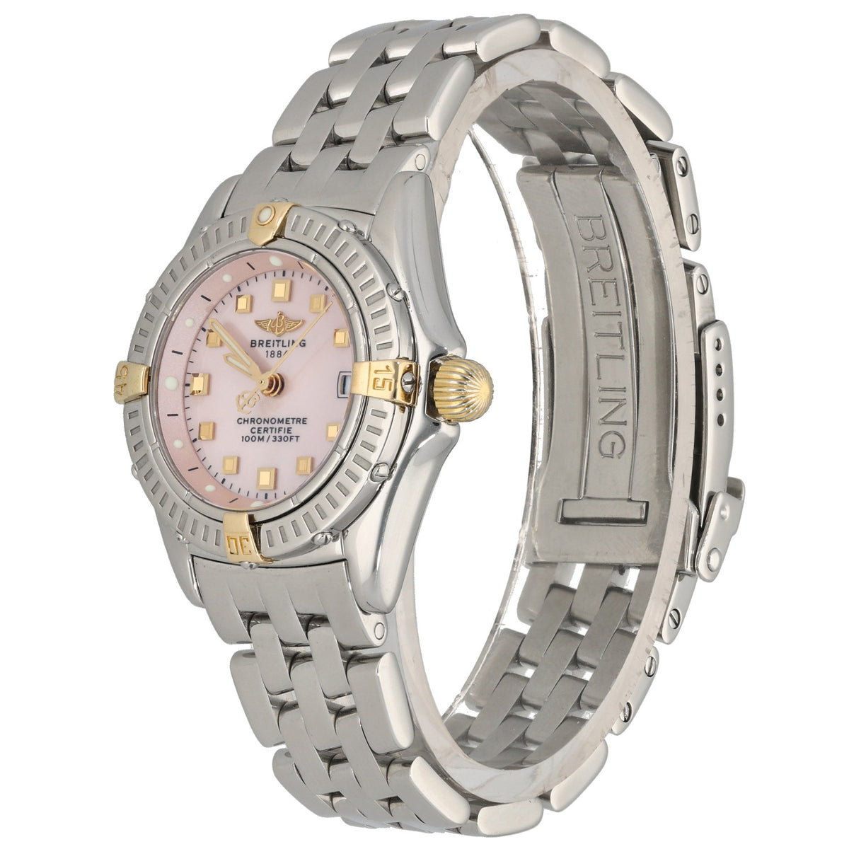 Breitling Vintage b72345 Bi-colour stainless steel watch with gold-tone crown, side view, link bracelet