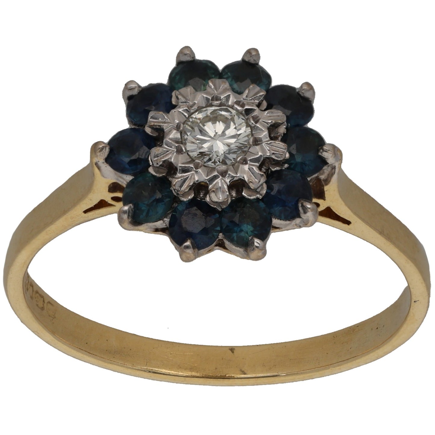 18ct Gold Sapphire & 0.15ct Diamond Cluster Ring Size R
