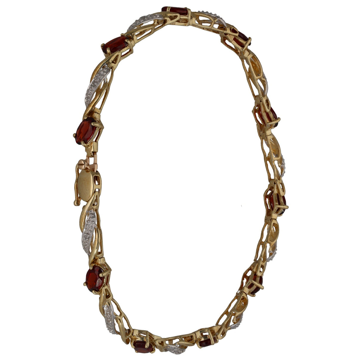 Gold link bracelet with round red garnets, diamond-set segments, and clasp detail.