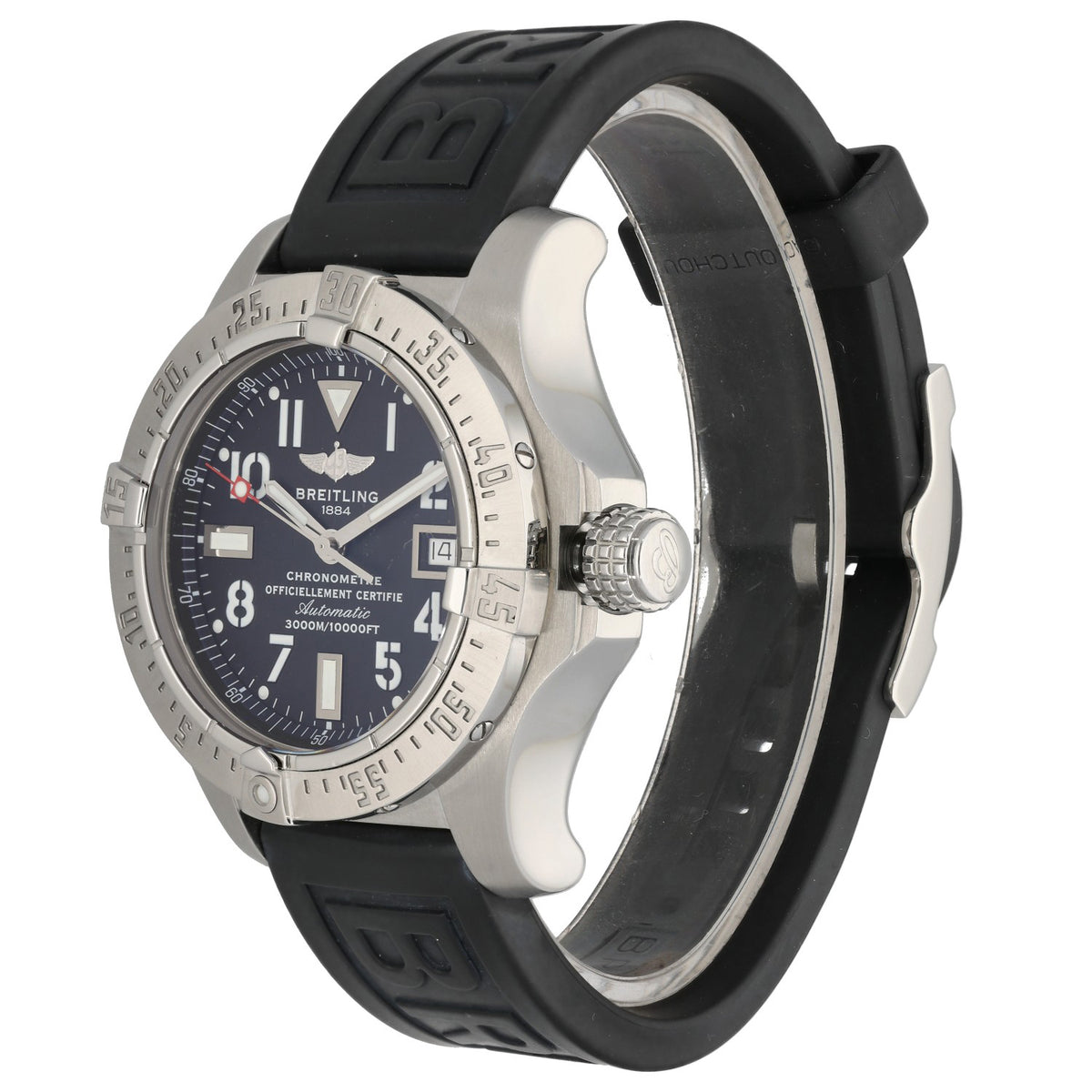 Breitling Avenger II A17330 Stainless steel wristwatch with dark blue dial and black rubber strap, side profile