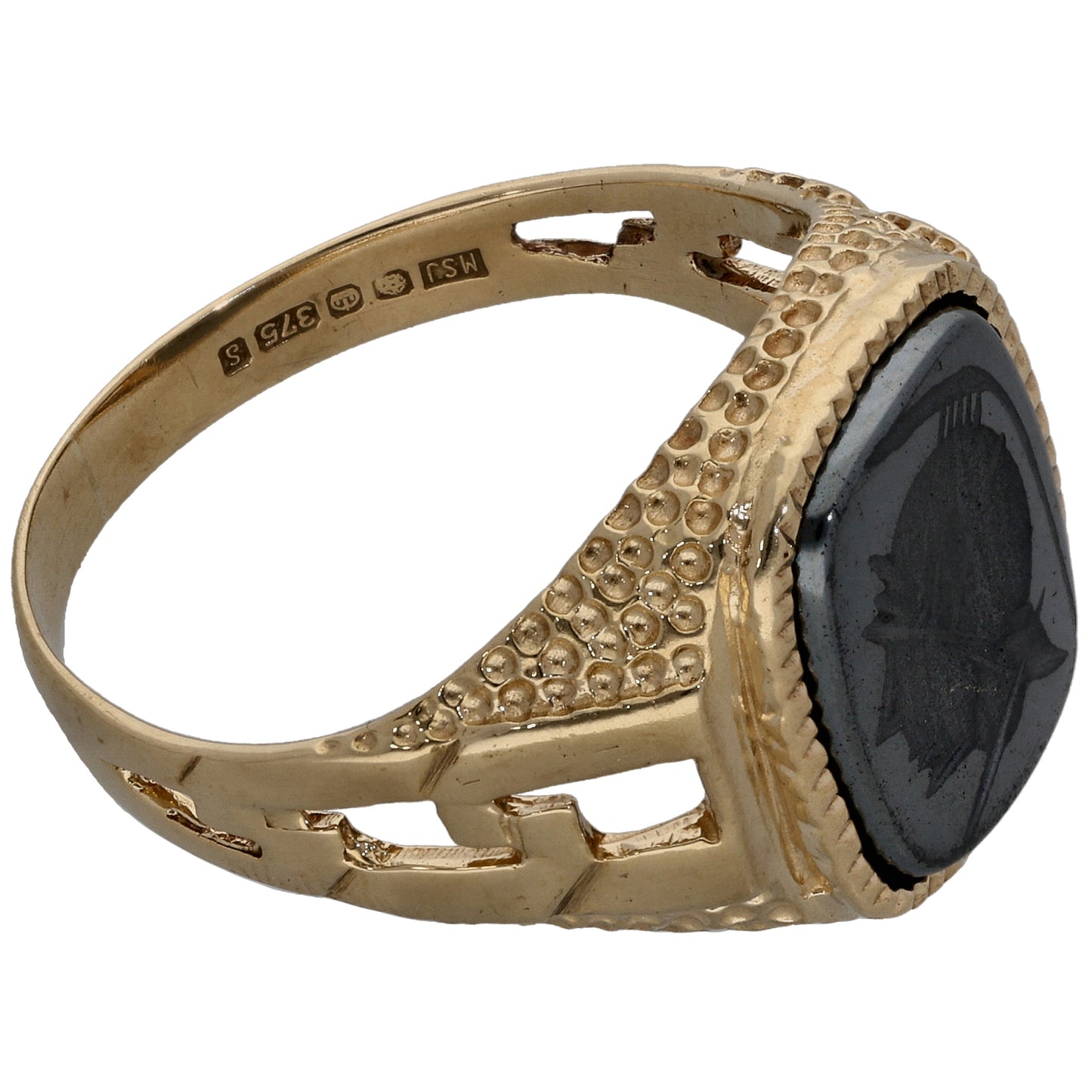 9ct Gold Hematite Crest/Emblem Single Stone Signet Ring Size O