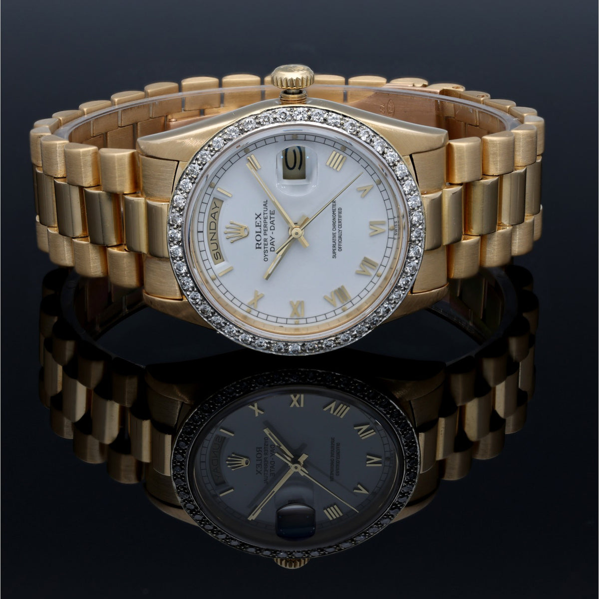 Custom Rolex Day-Date 18238, white dial and gold case and bracelet, front image, side image