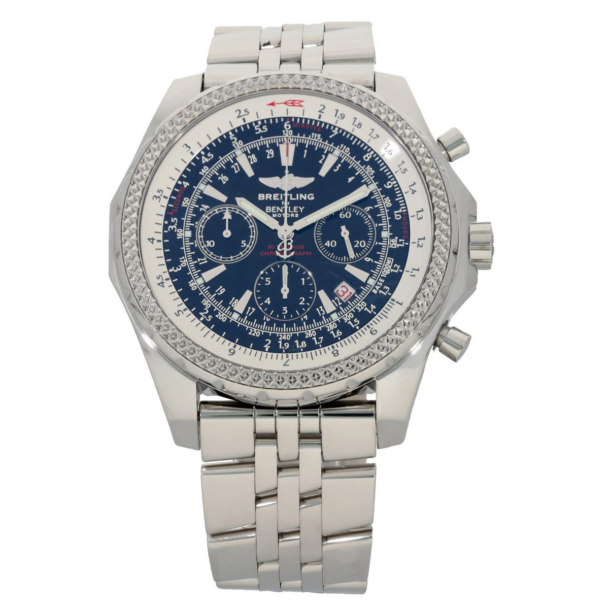 Breitling Bentley A25362 Stainless steel chronograph wristwatch with blue dial and diamond bezel, link bracelet
