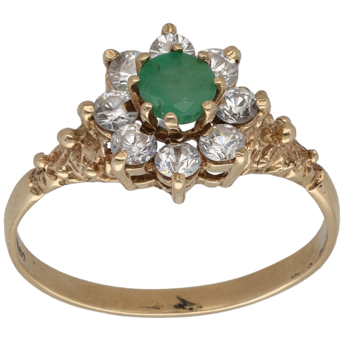 9ct gold cocktail ring with oval green emerald center and round CZ halo
