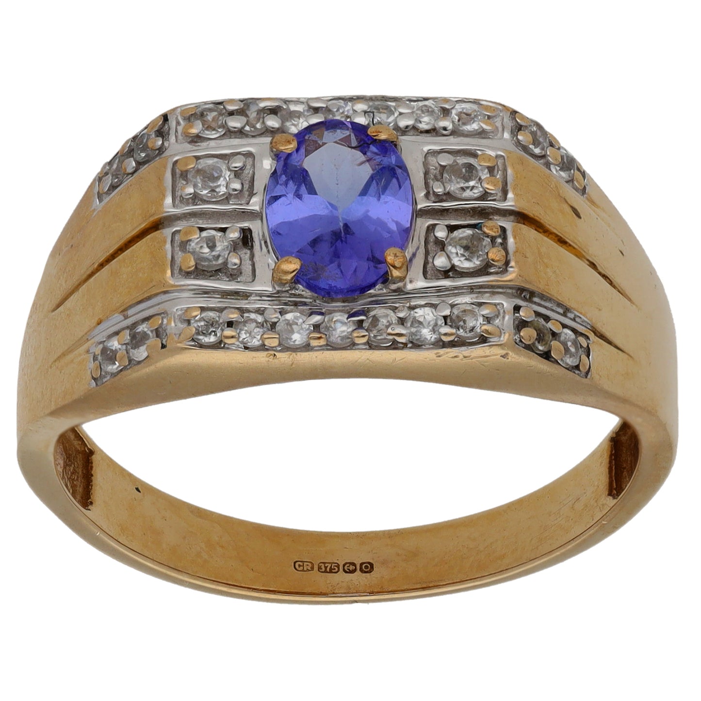 9ct Gold Tanzanite & White Topaz Patterned Signet Ring Size U