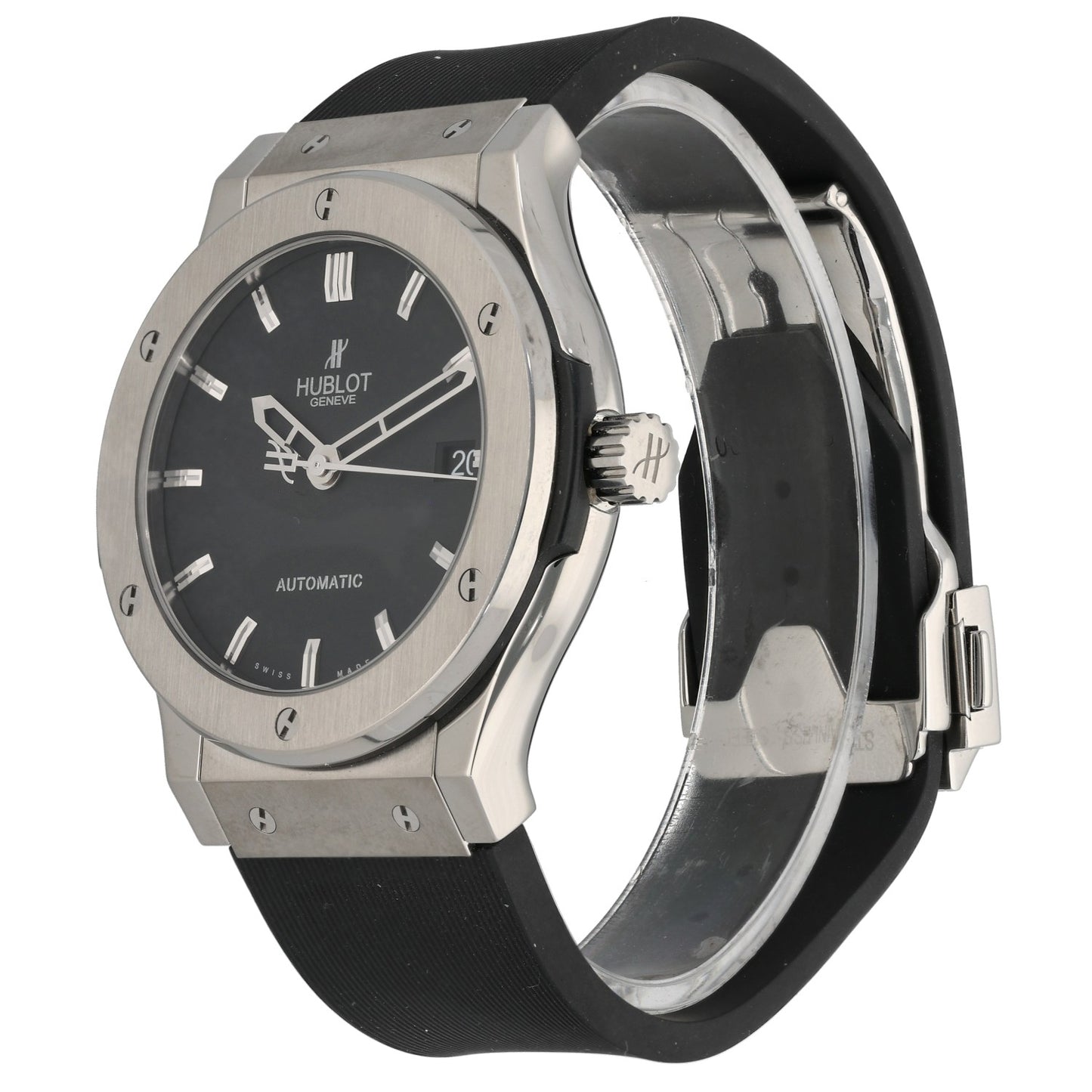 Hublot Classic Fusion 45mm Titanium, on back rubber strap, front angle image