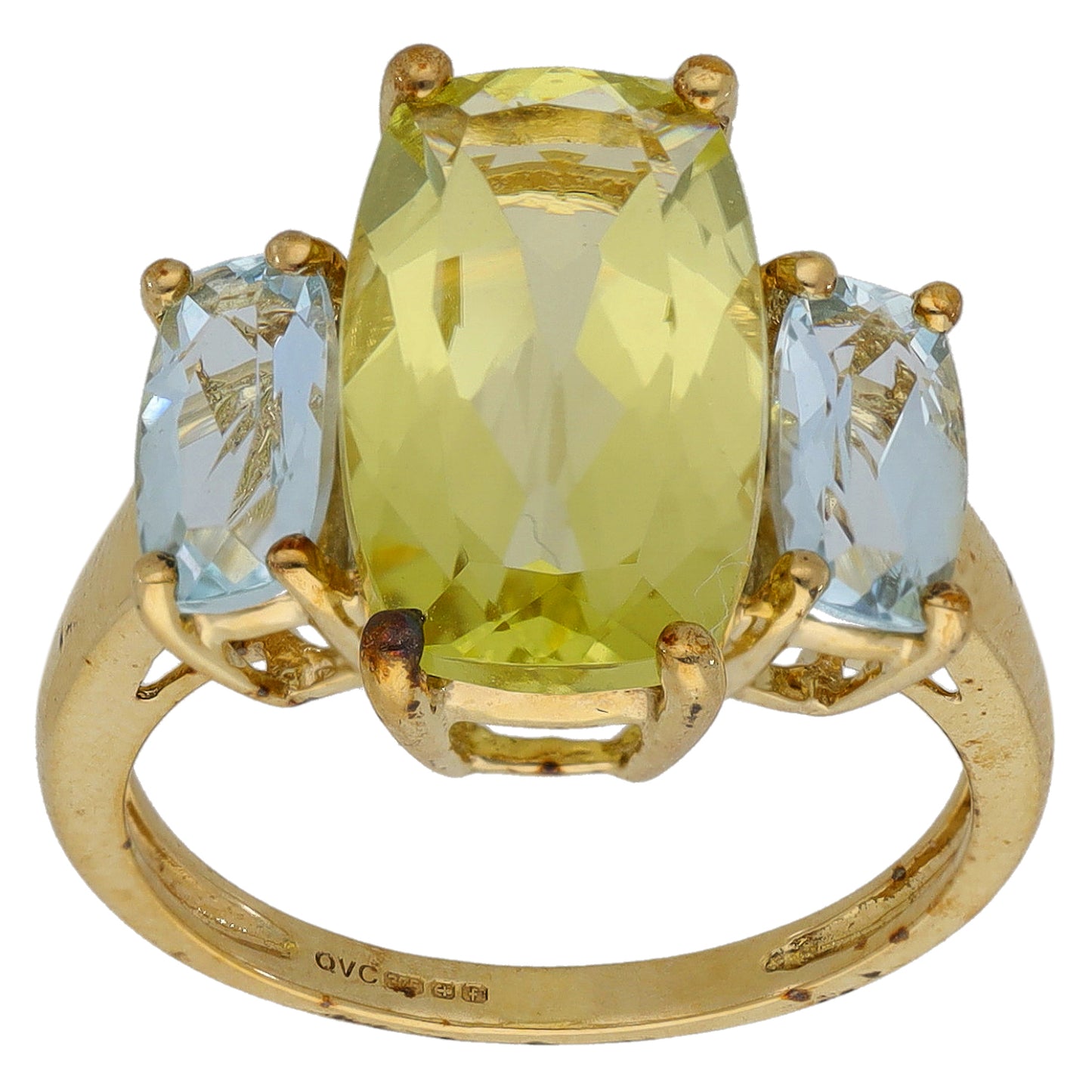 9ct Gold Aquamarine & Citrine Three Stone Ring Size M