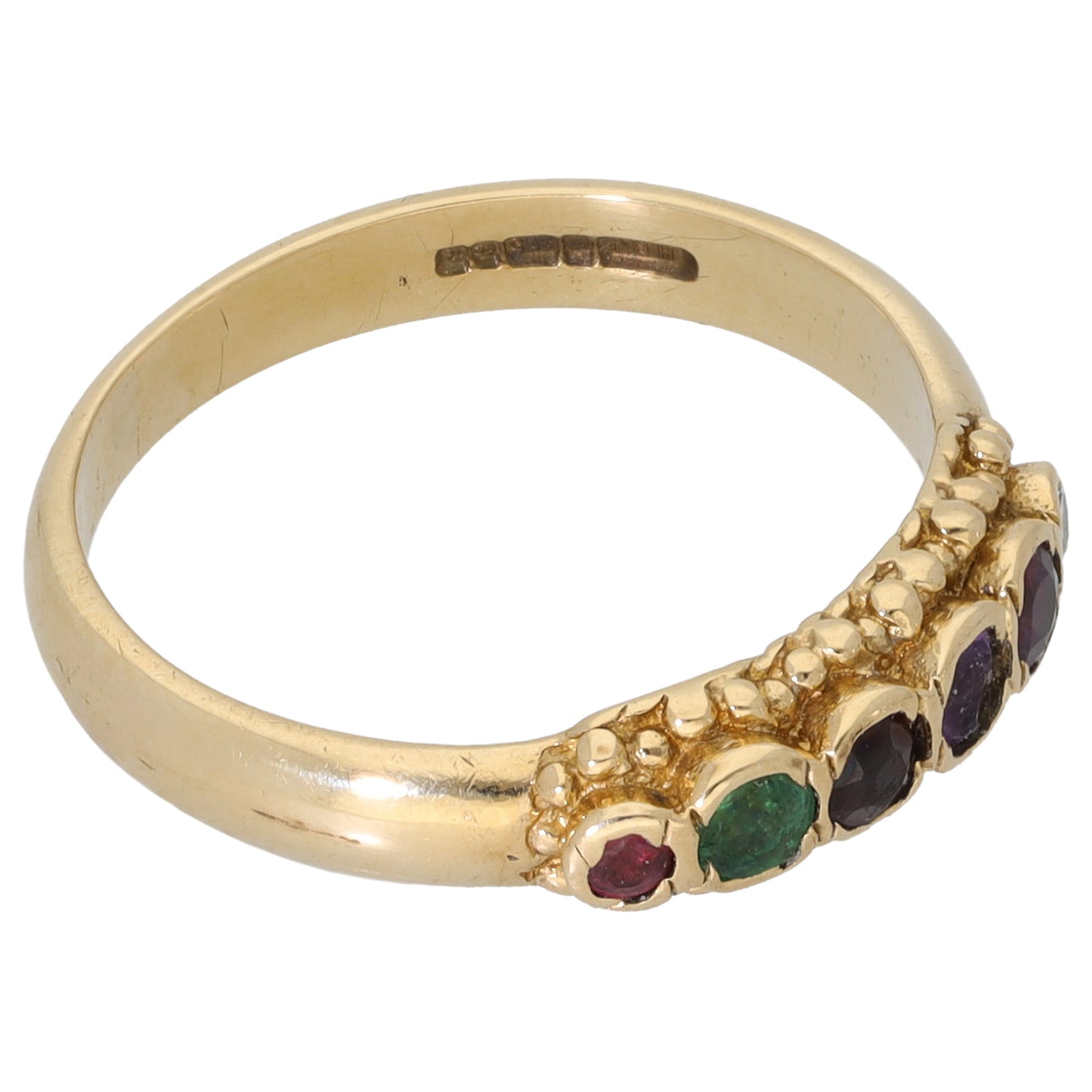 9ct Gold Ruby, Emerald, Garnet, Amethyst & 0.02ct Diamond Half Eternity Ring Size M