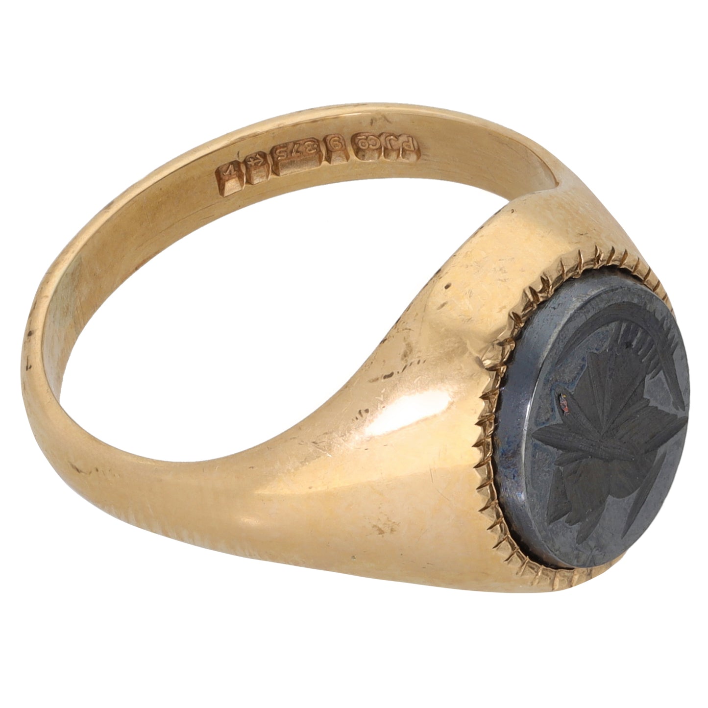 9ct Gold Hematite Crest/Emblem Signet Ring Size T
