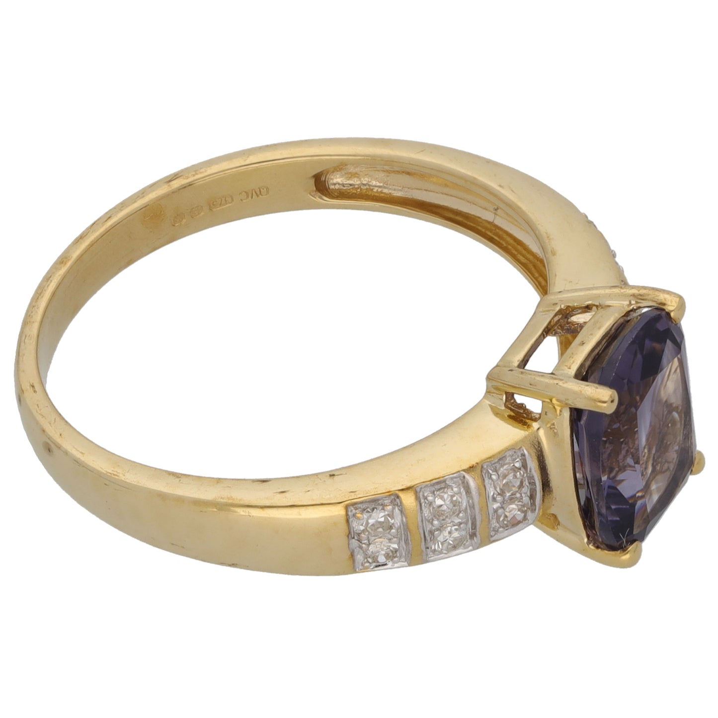 9ct Gold Iolite & 0.24ct Diamond Solitaire Ring With Accent Stones Size S