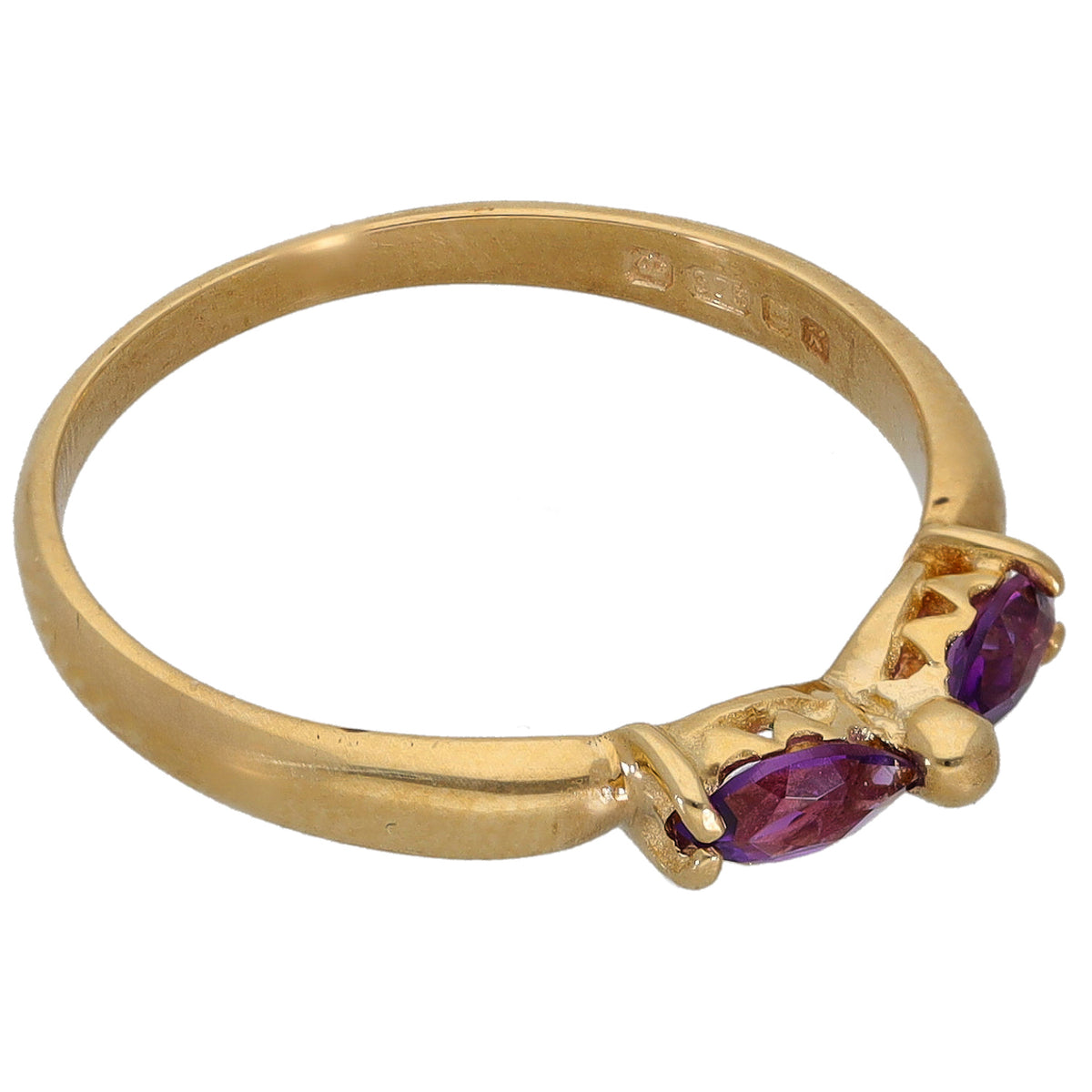 9ct gold amethyst ring, size L, side view with two oval purple stones