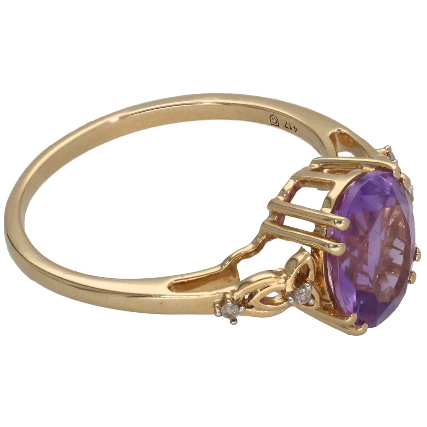 9ct Gold Amethyst & 0.02ct Diamond Single Stone Ring With Accents Size S