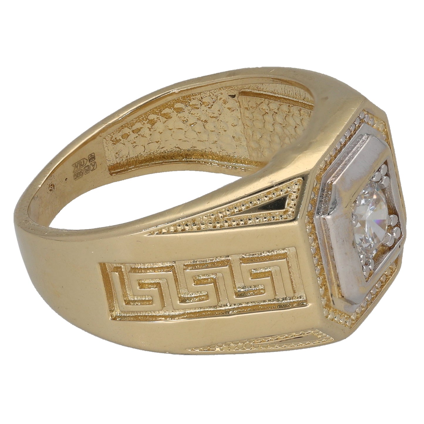14ct Gold Cubic Zirconia Single Stone Patterned Signet Ring Size O