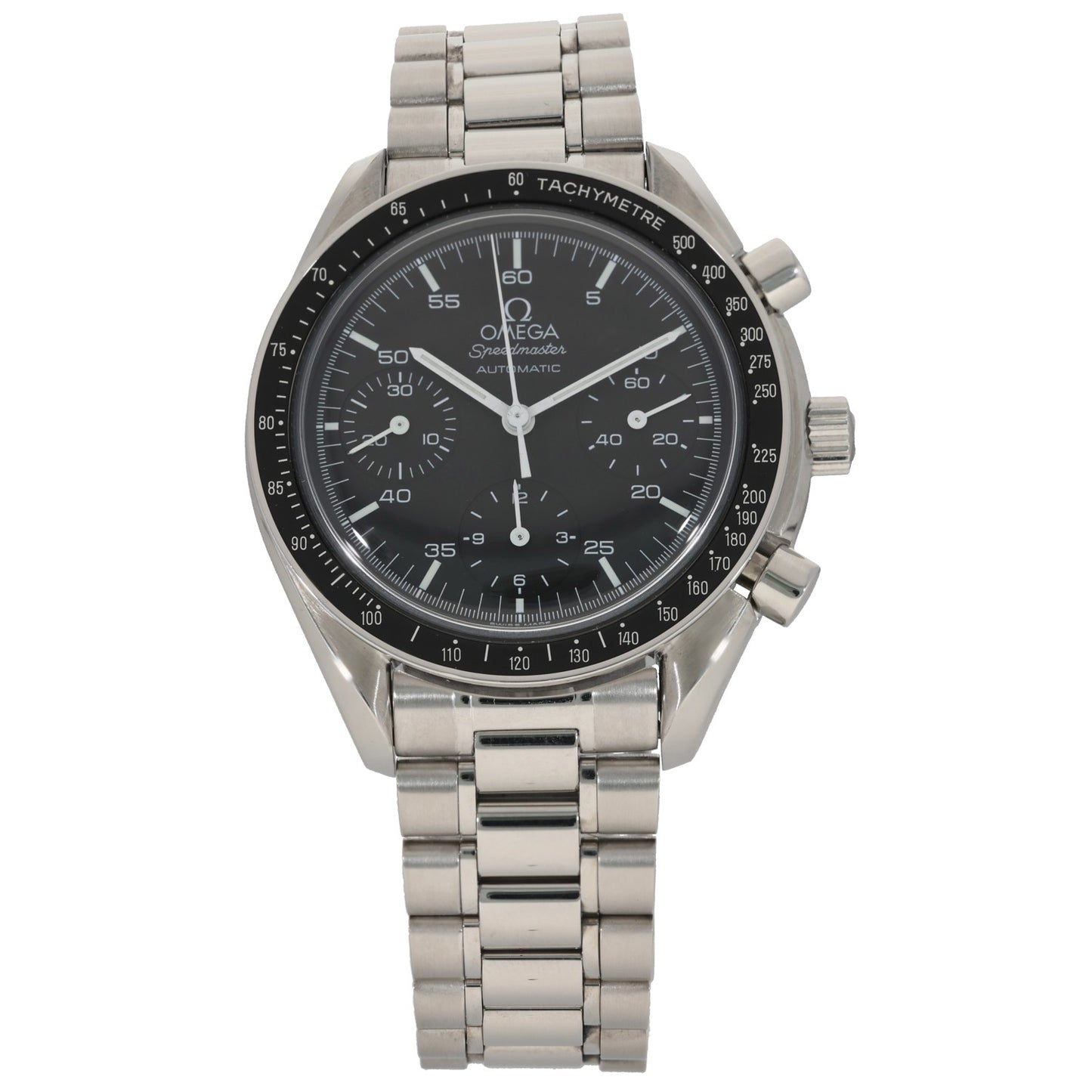Omega Speedmaster 3510.50.00 Moonwatch, black dial and bezel with tachymeter.