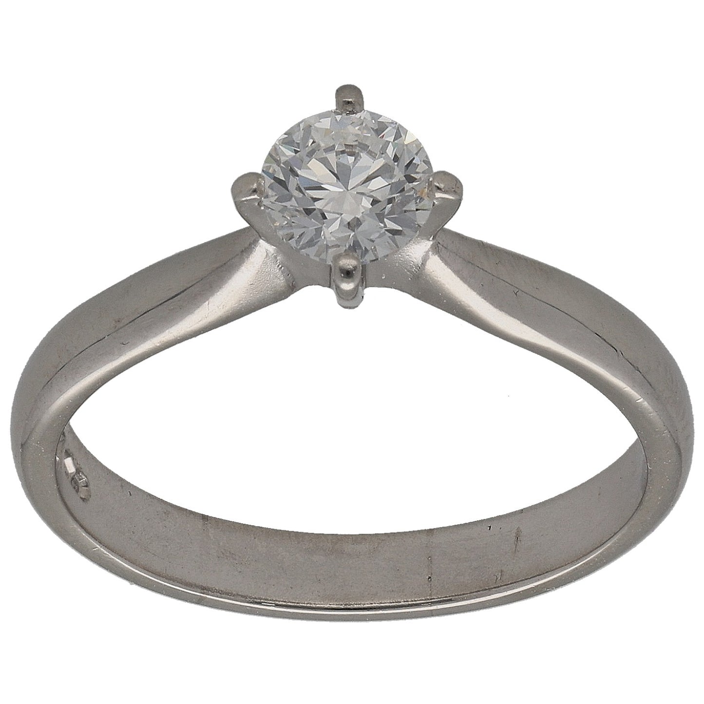 Platinum solitaire diamond ring with round center stone and four prongs