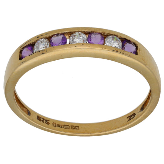 9ct Gold Cubic Zirconia & Amethyst Half Eternity Ring Size N