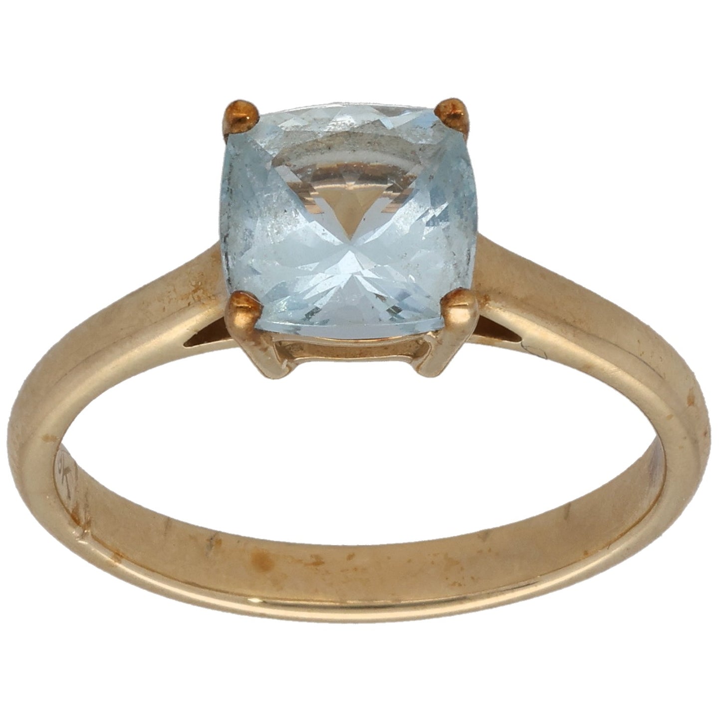9ct gold single-stone ring with square-cut light blue aquamarine and four-prong setting