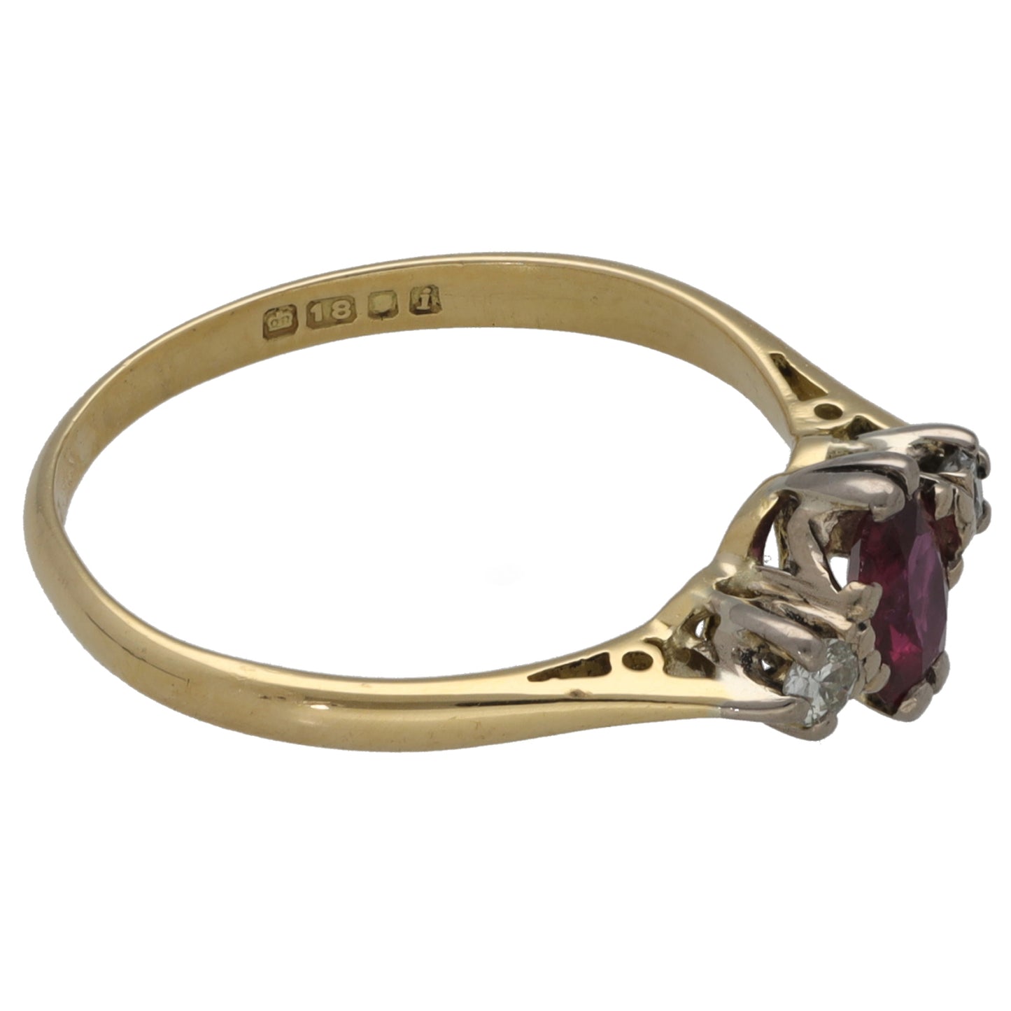 18ct Gold Ruby & 0.06ct Diamond Trilogy Ring Size M