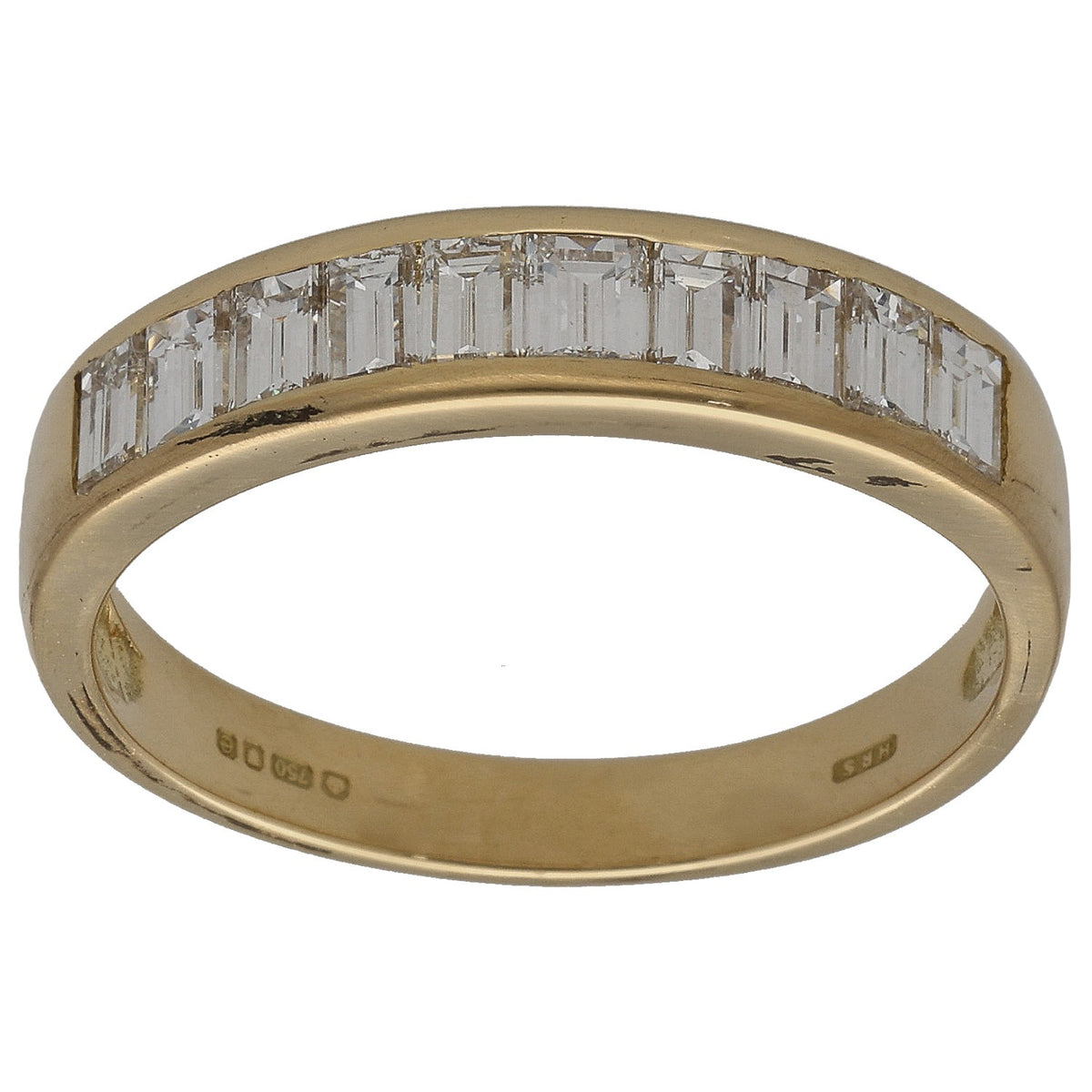 9ct gold half eternity ring with baguette diamond set band, polished gold edge