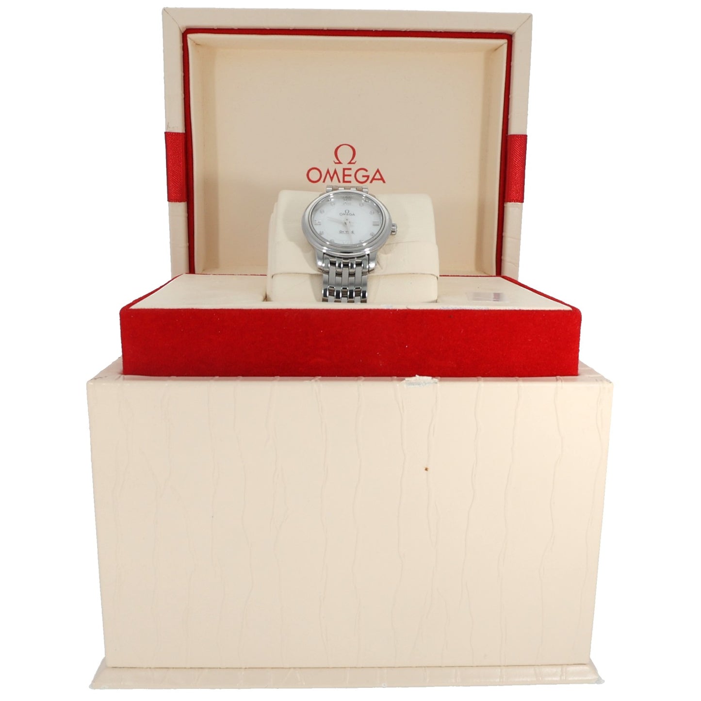 Omega De Ville 424.10.24.60.55.001 stainless steel watch in open red gift box, white dial on pillow