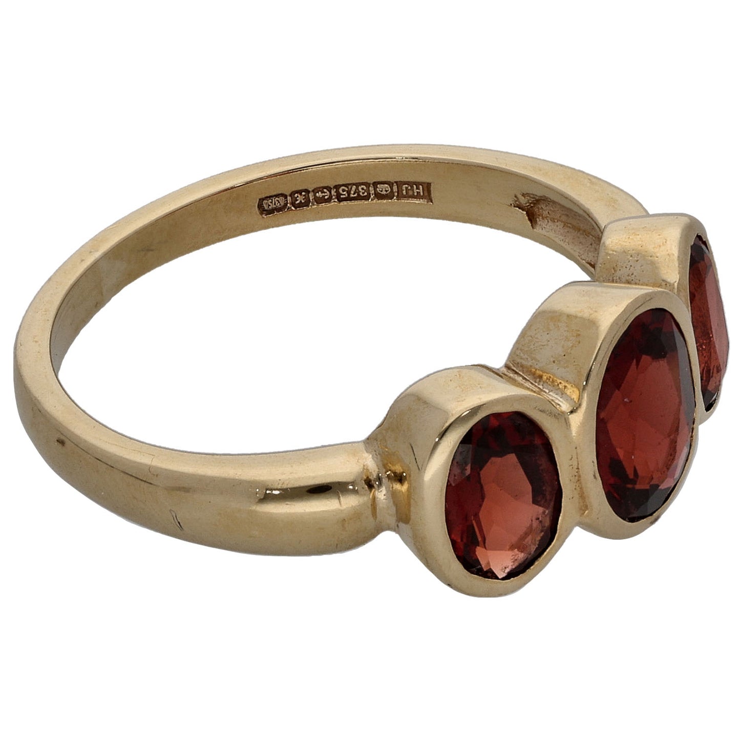 9ct Gold Garnet Three Stone Ring Size M