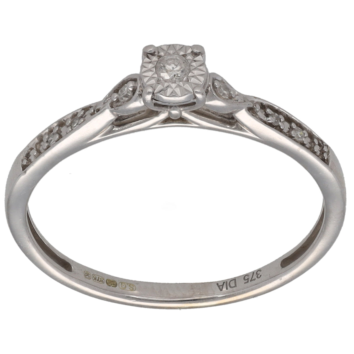 9ct white gold solitaire ring with round center diamond and small side diamonds