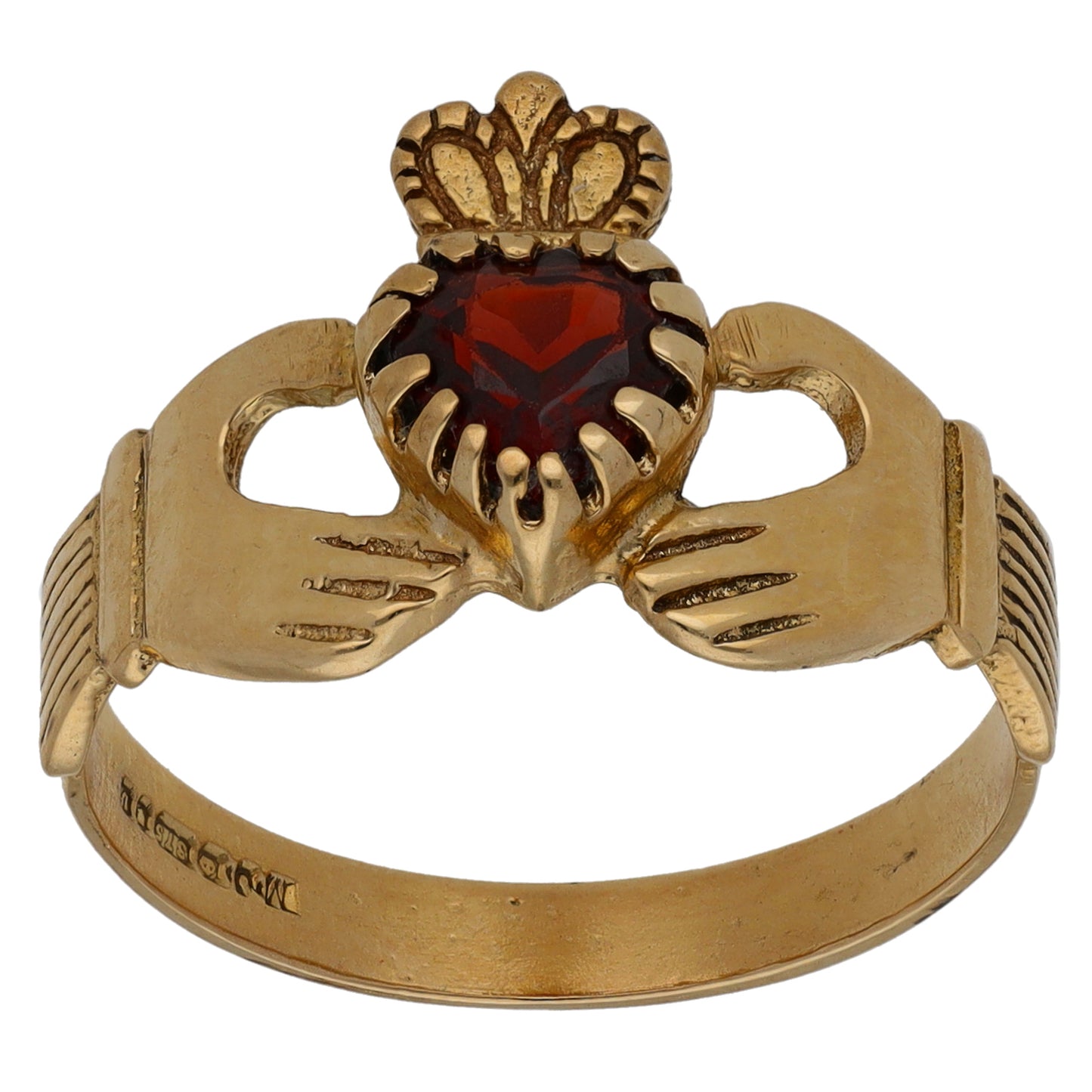 9ct Gold Garnet Single Stone Claddagh Ring Size S