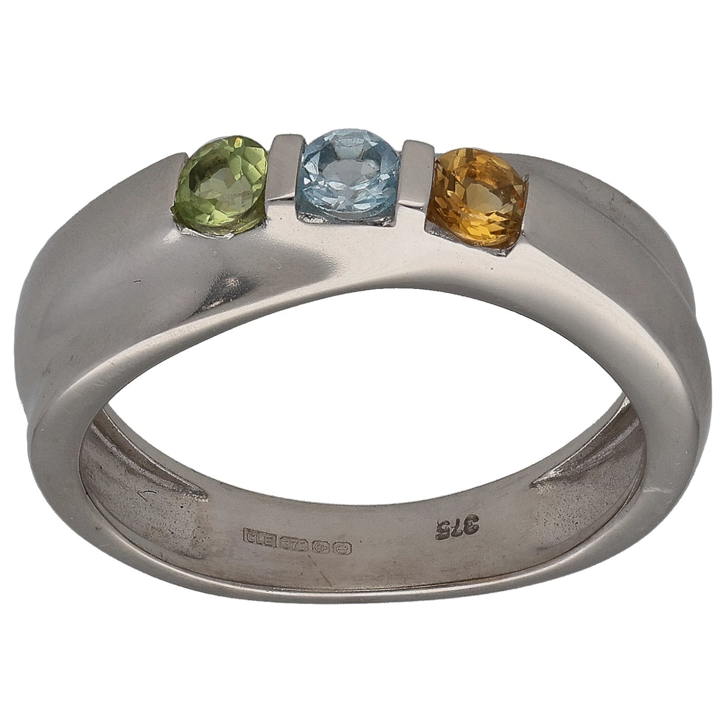 9ct White Gold Peridot, Topaz & Citrine Three Stone Ring Size K