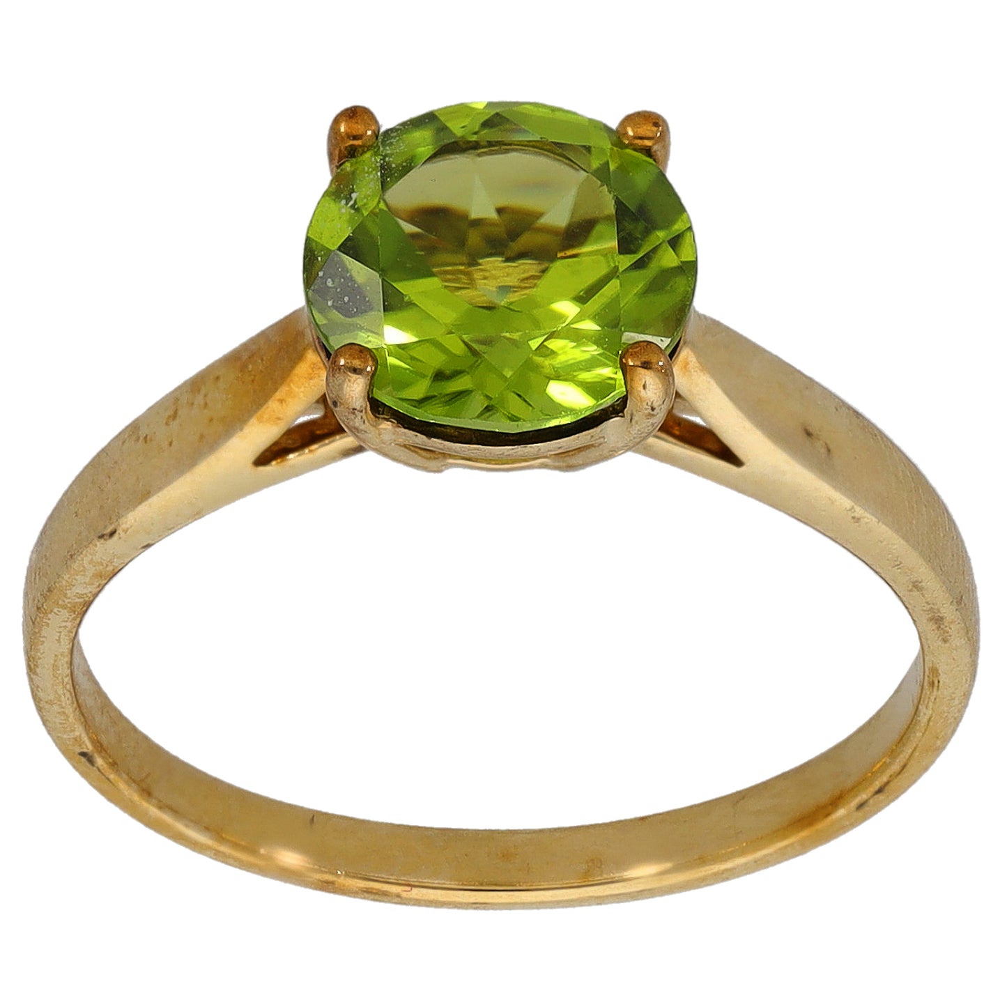 9ct gold peridot single-stone ring with round green gemstone, prong-set