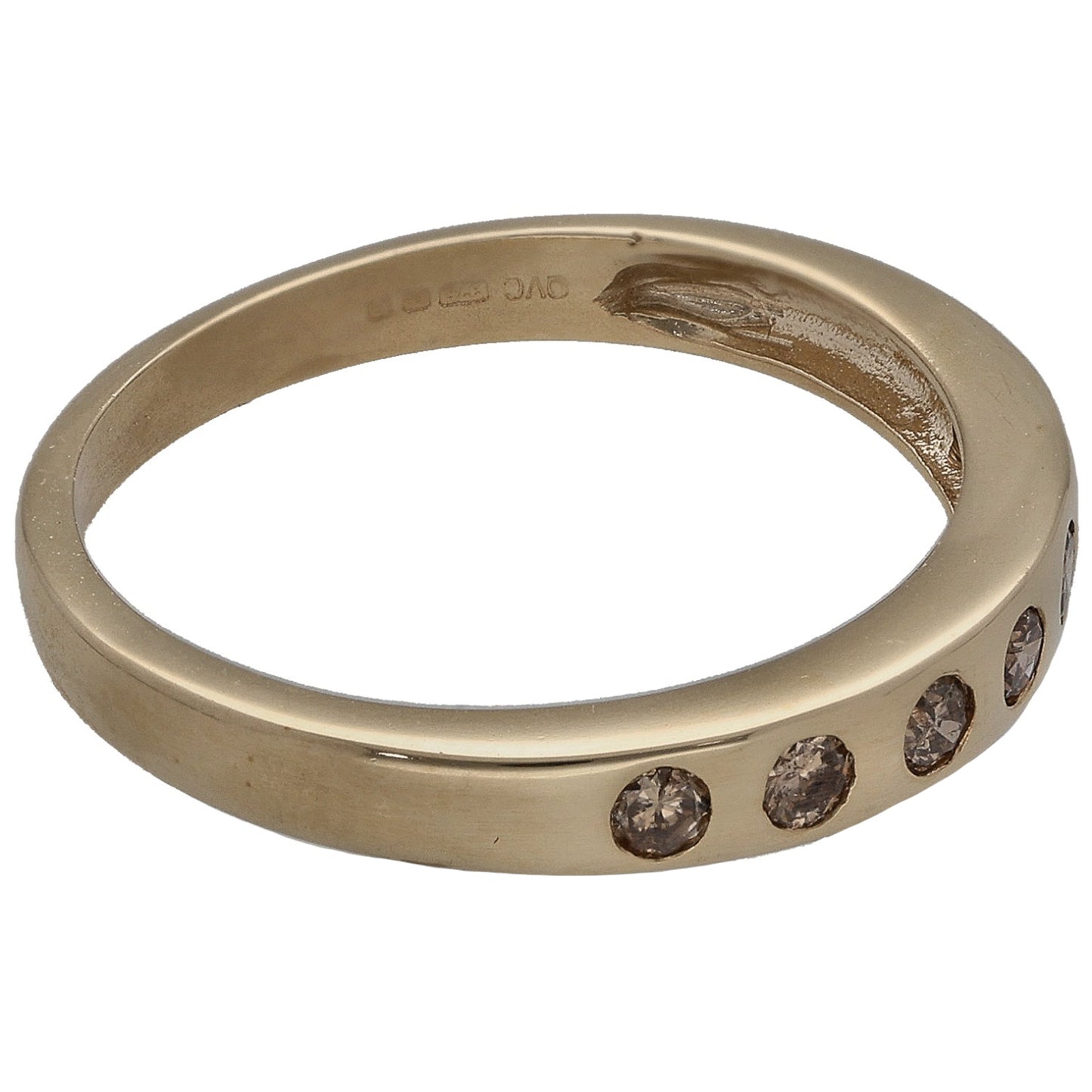 9ct gold half eternity ring side view, round dark diamonds set on the band