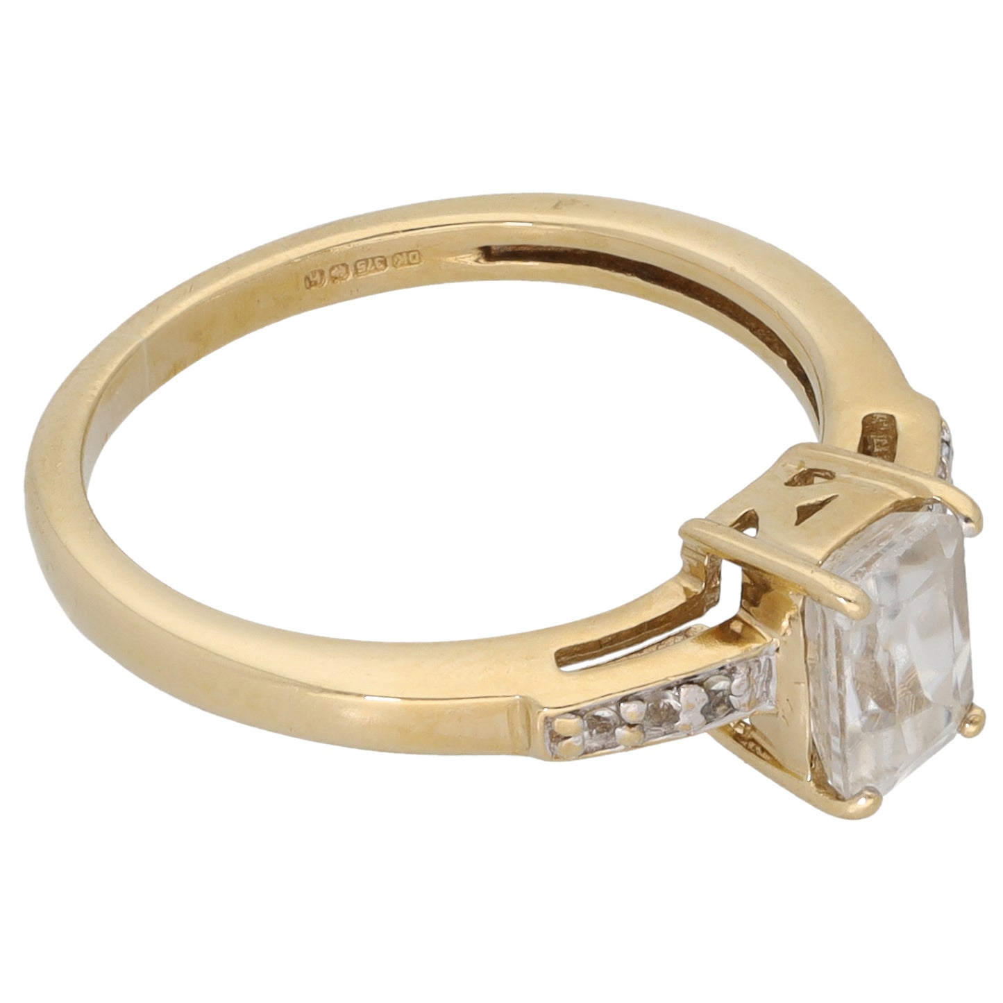 9ct Gold Cubic Zirconia Single Stone Ring with Accent Stones Size L